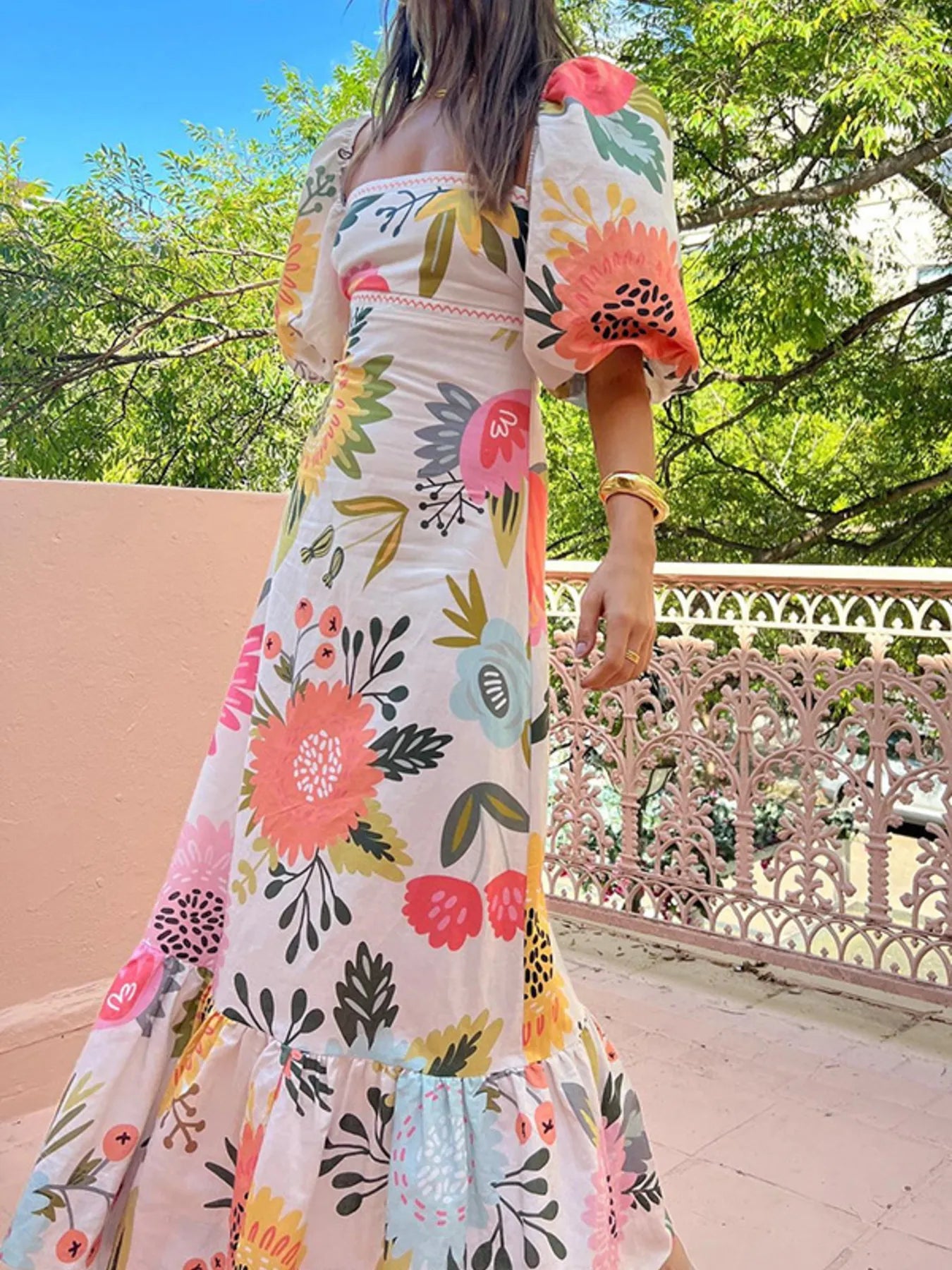 Floral Square Neck Puff Sleeve Maxi Dress with Ruffle Hem - MAD RUFFI