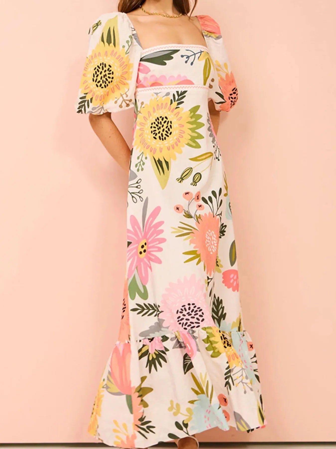 Floral Square Neck Puff Sleeve Maxi Dress with Ruffle Hem - MAD RUFFI