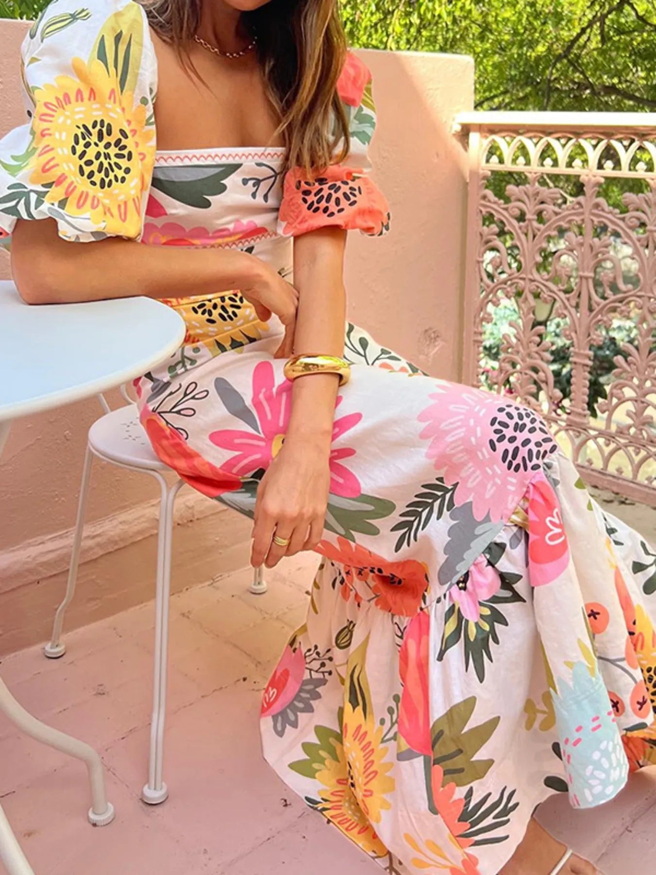 Floral Square Neck Puff Sleeve Maxi Dress with Ruffle Hem - MAD RUFFI