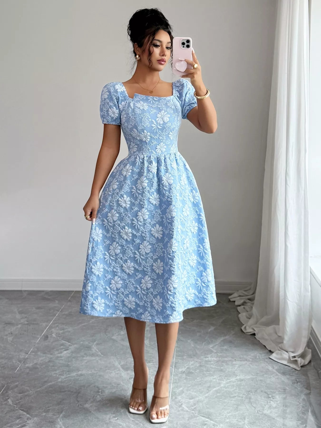 Floral Square Neck Puff Sleeve Midi Dress - MAD RUFFI