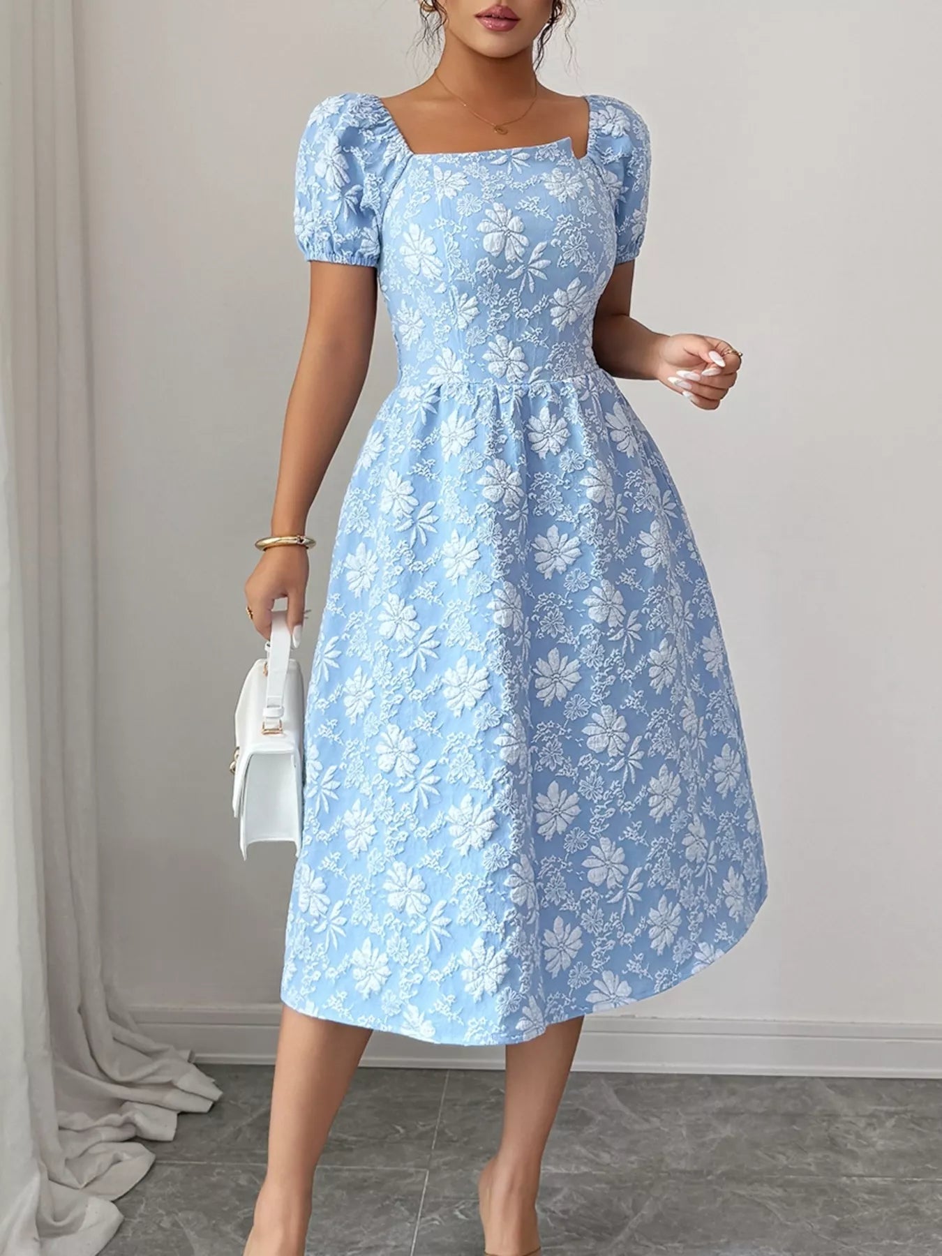Floral Square Neck Puff Sleeve Midi Dress - MAD RUFFI