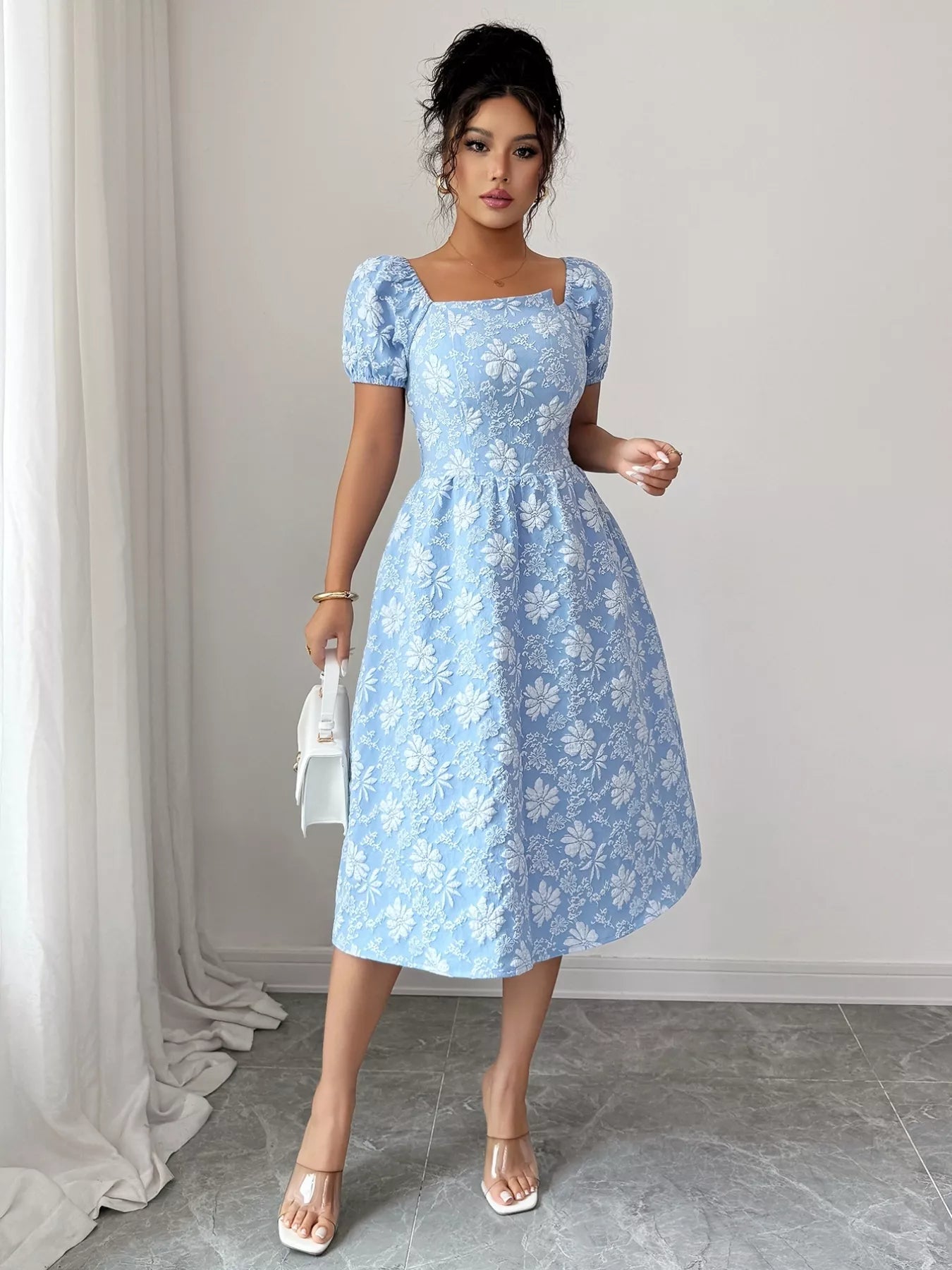 Floral Square Neck Puff Sleeve Midi Dress - MAD RUFFI