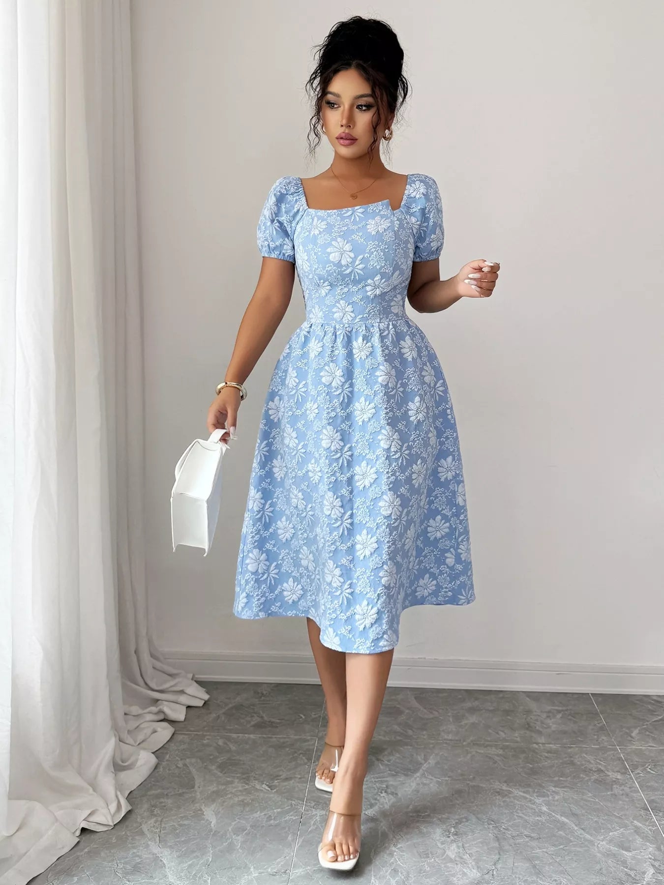 Floral Square Neck Puff Sleeve Midi Dress - MAD RUFFI