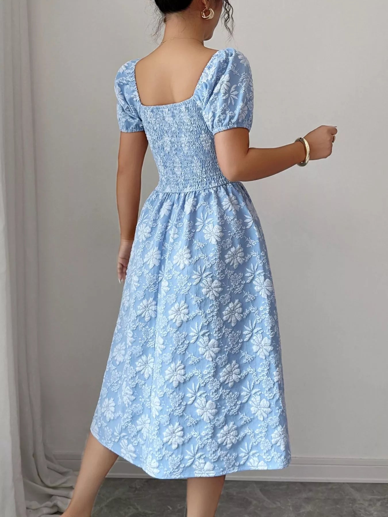 Floral Square Neck Puff Sleeve Midi Dress - MAD RUFFI