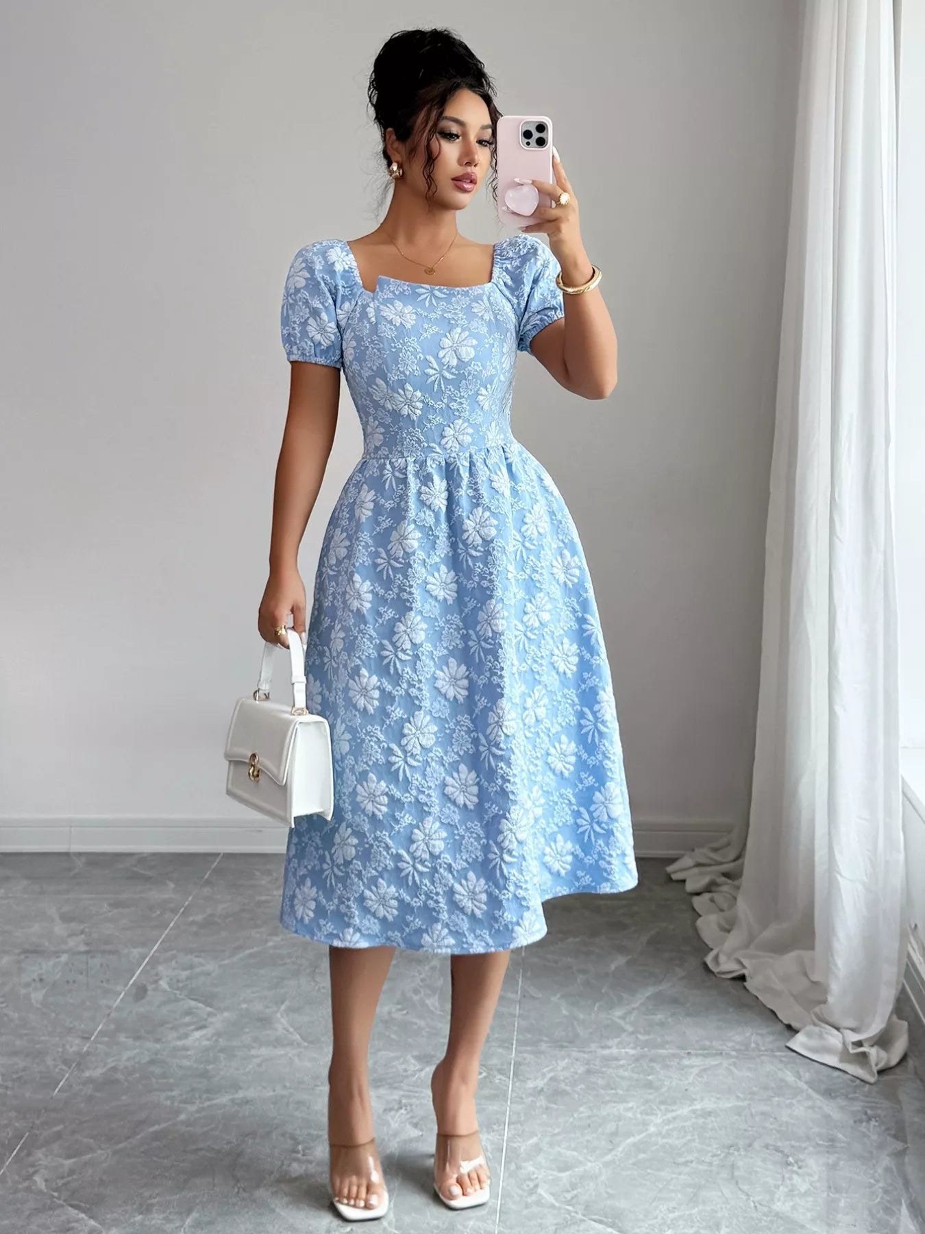 Floral Square Neck Puff Sleeve Midi Dress - MAD RUFFI