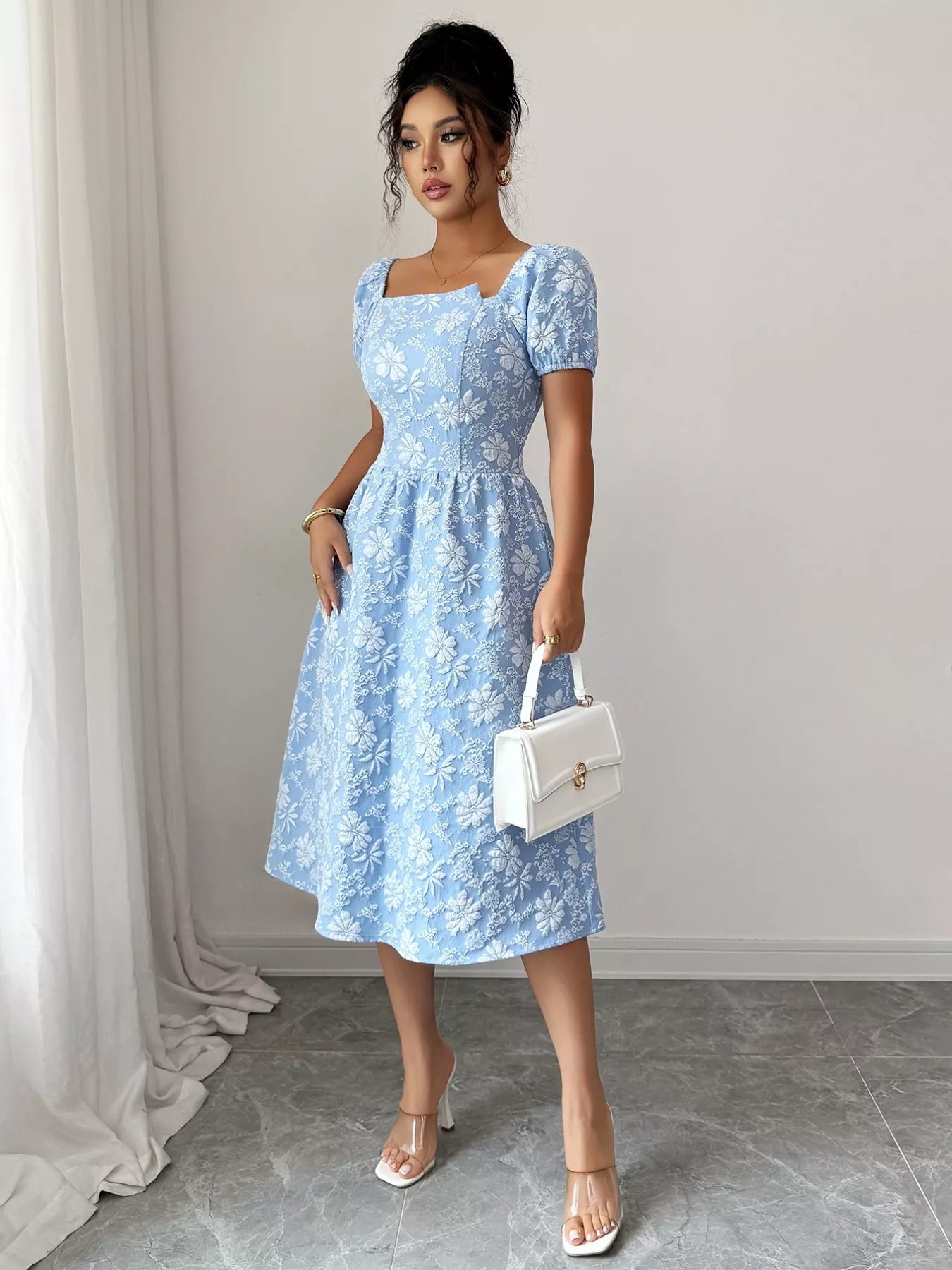Floral Square Neck Puff Sleeve Midi Dress - MAD RUFFI