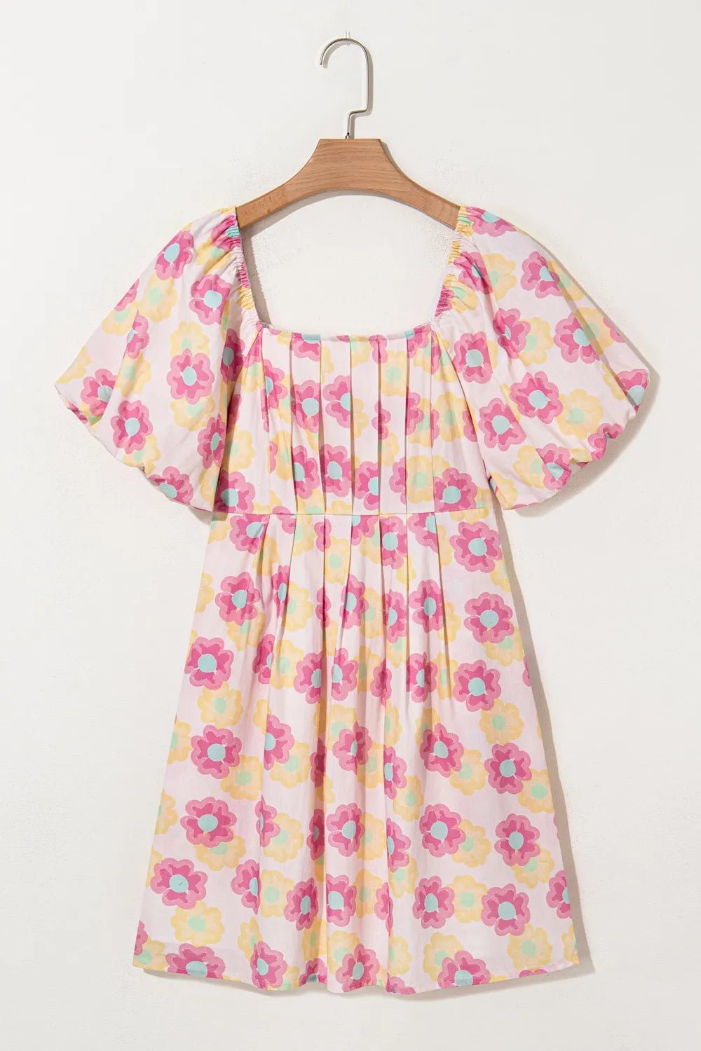 Floral Square Neck Puff Sleeve Pleated Flared Midi Dress - MAD RUFFI