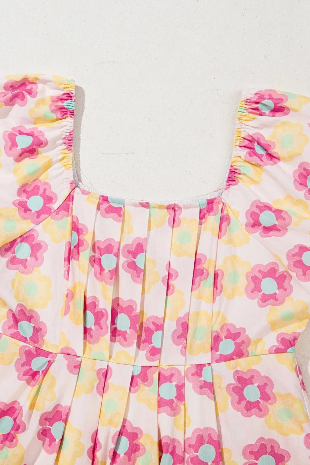 Floral Square Neck Puff Sleeve Pleated Flared Midi Dress - MAD RUFFI