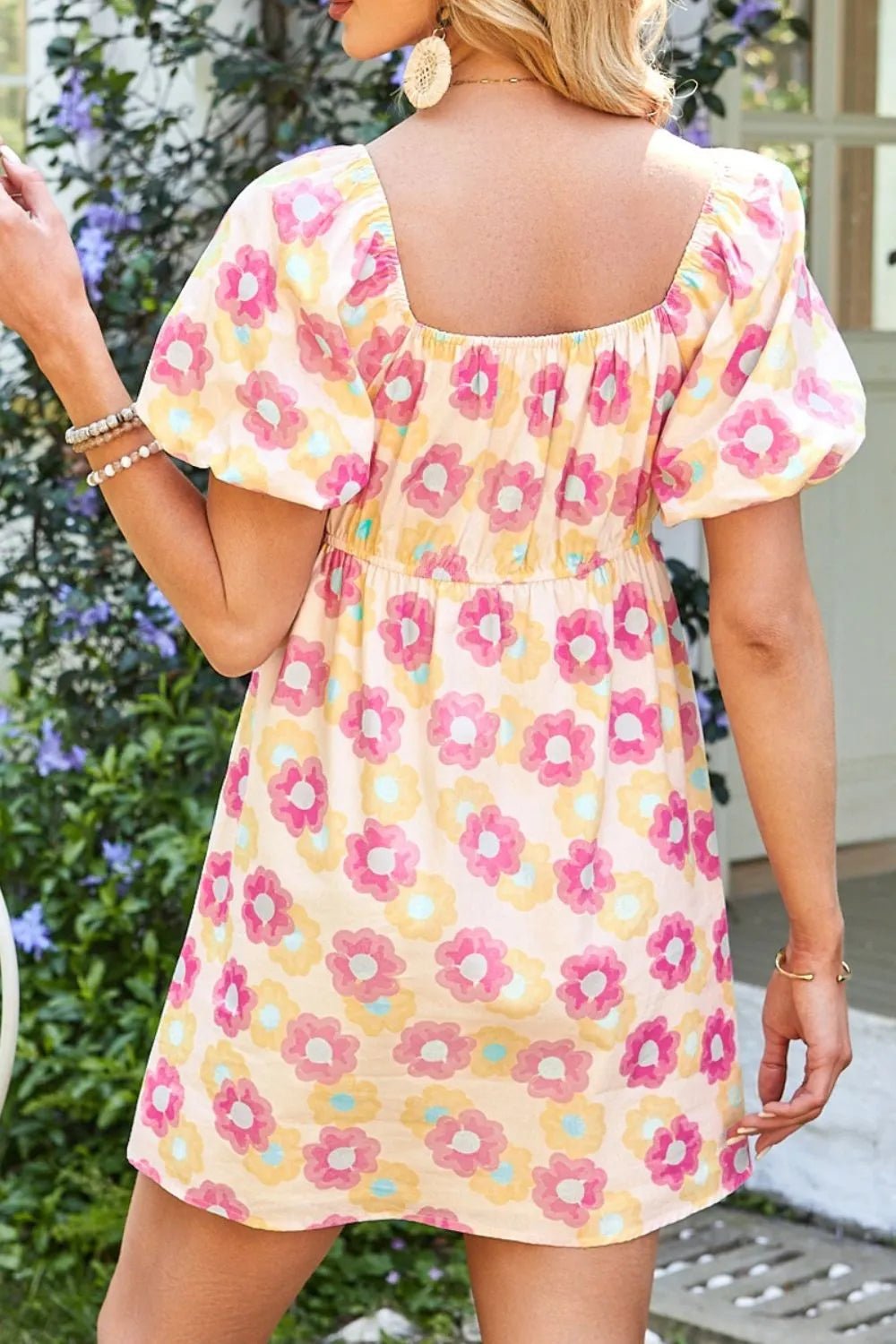 Floral Square Neck Puff Sleeve Pleated Flared Midi Dress - MAD RUFFI