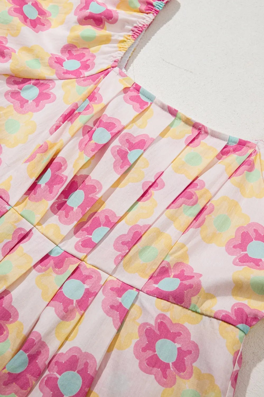 Floral Square Neck Puff Sleeve Pleated Flared Midi Dress - MAD RUFFI