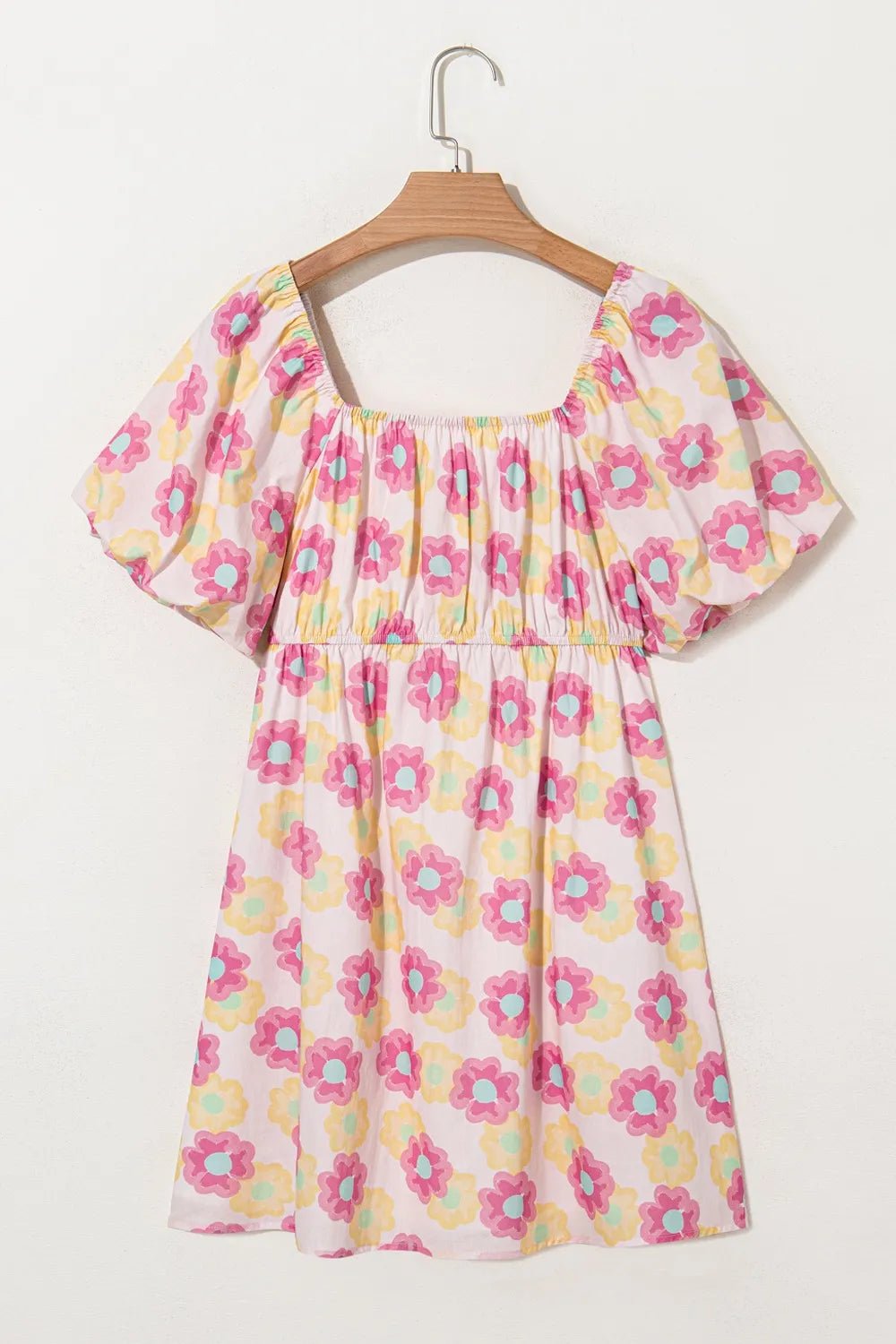 Floral Square Neck Puff Sleeve Pleated Flared Midi Dress - MAD RUFFI