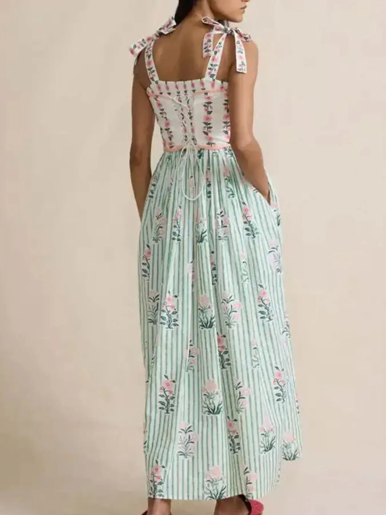 Floral Striped Maxi Cami Dress with Tie Straps - MAD RUFFI