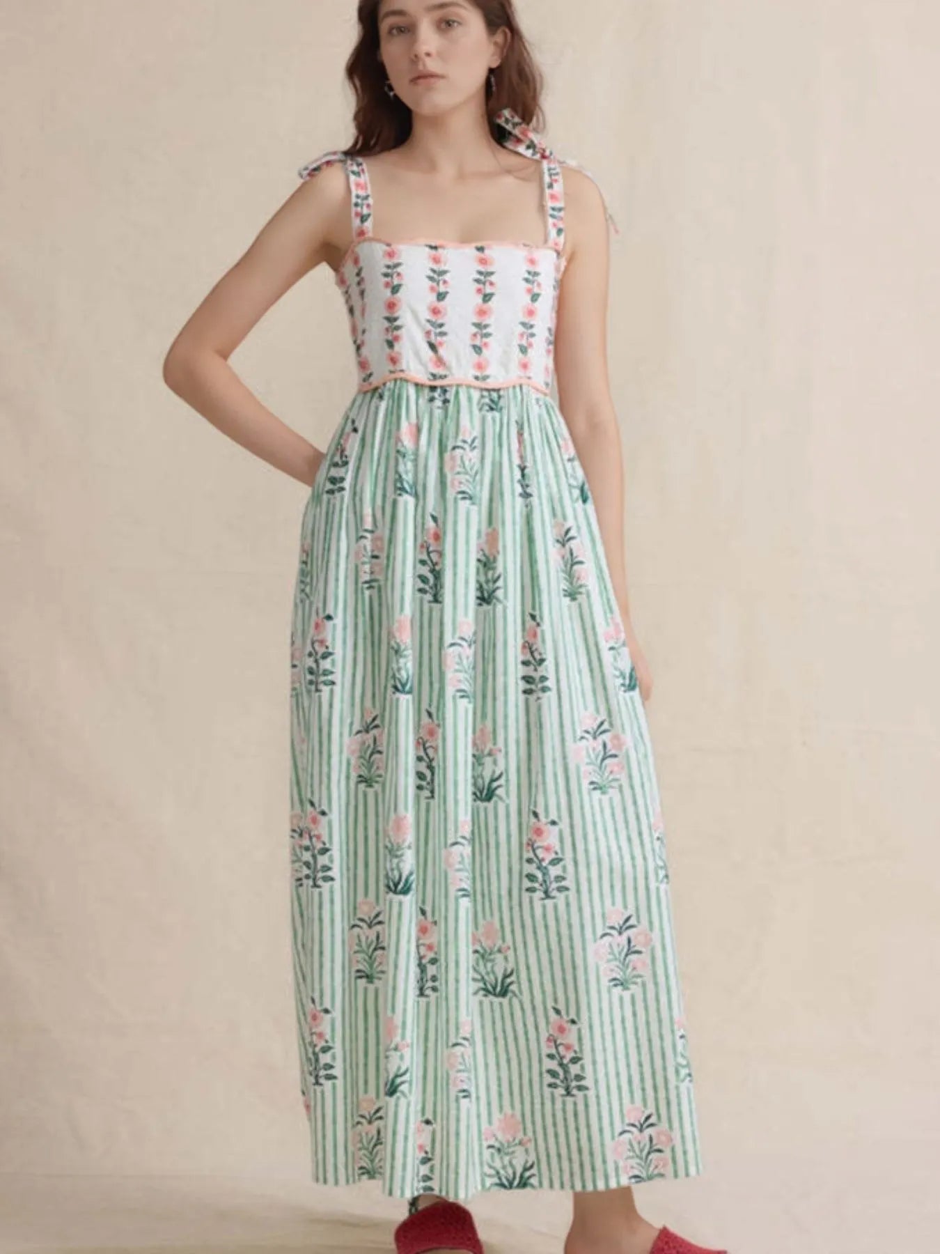 Floral Striped Maxi Cami Dress with Tie Straps - MAD RUFFI
