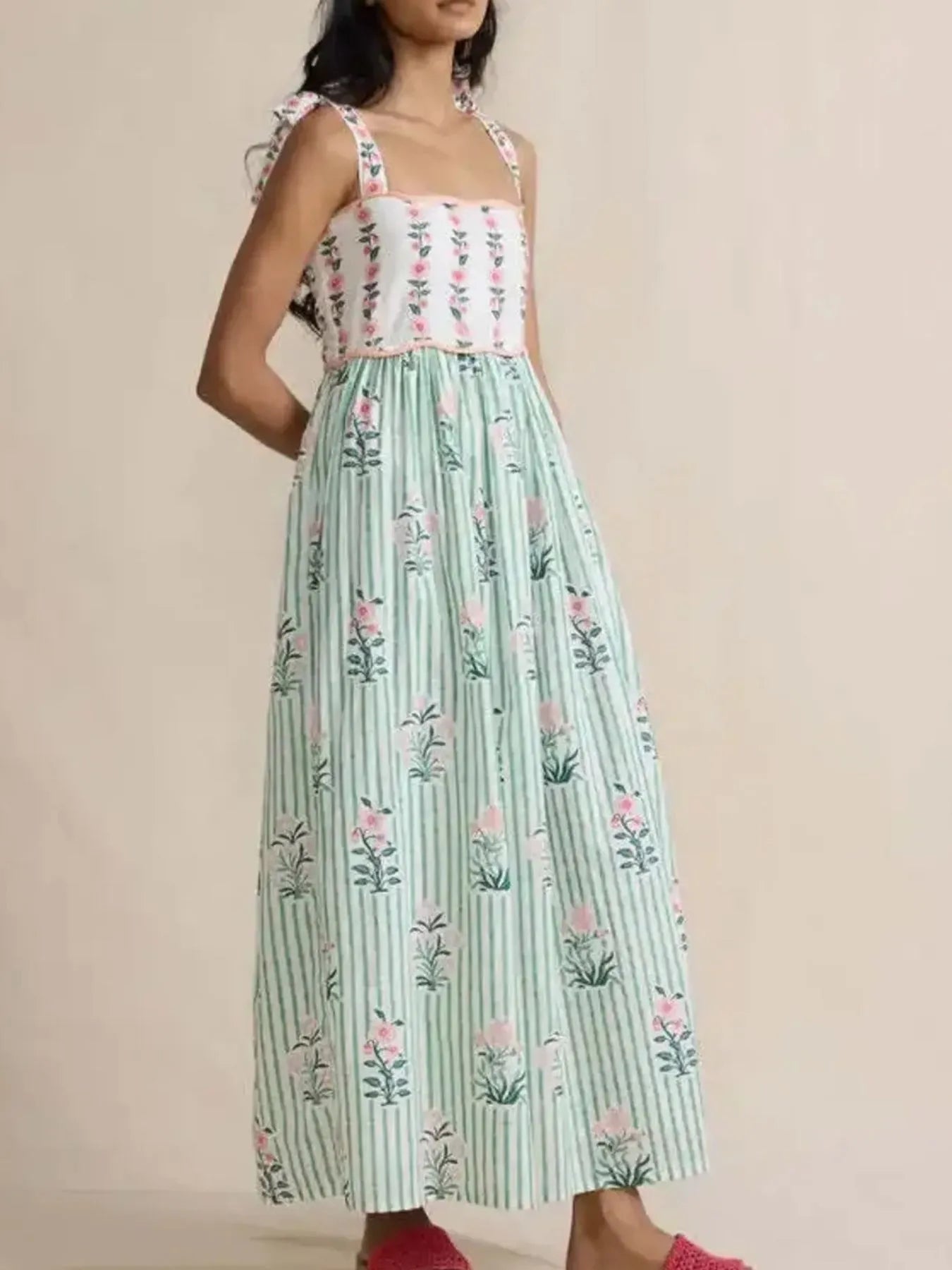 Floral Striped Maxi Cami Dress with Tie Straps - MAD RUFFI