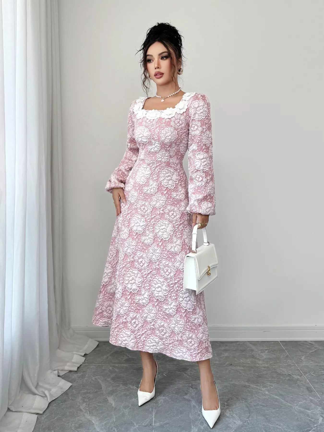 Floral Textured Square Neck Midi Dress - MAD RUFFI