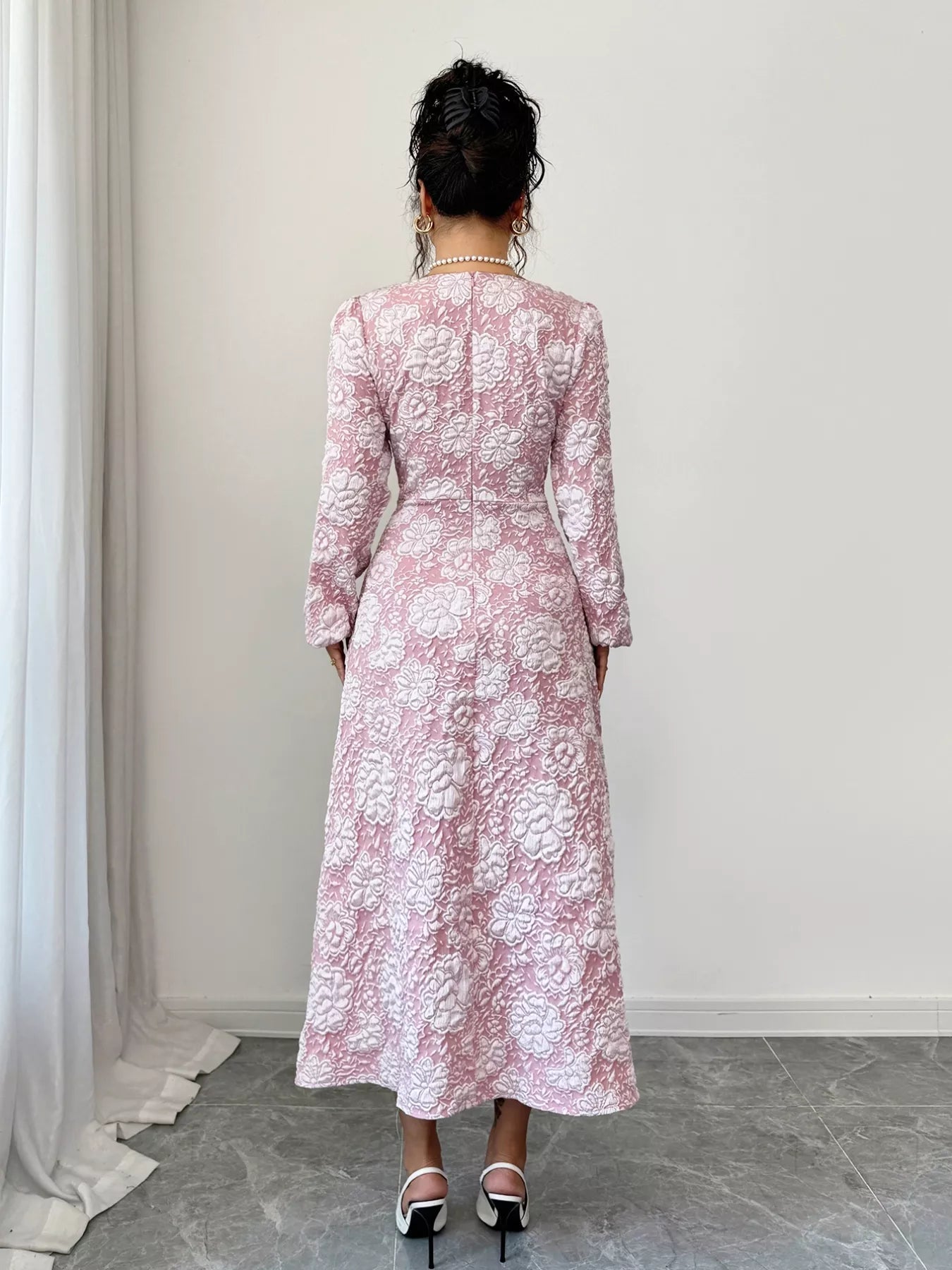 Floral Textured Square Neck Midi Dress - MAD RUFFI