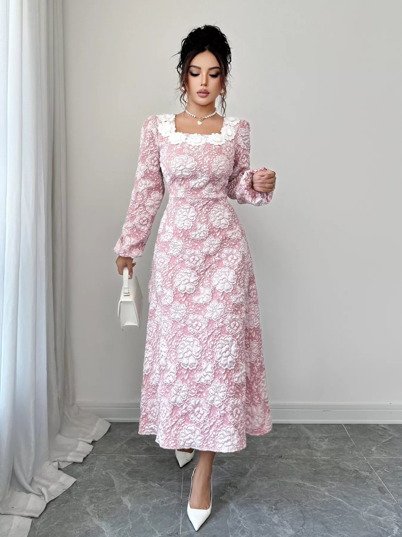 Floral Textured Square Neck Midi Dress - MAD RUFFI