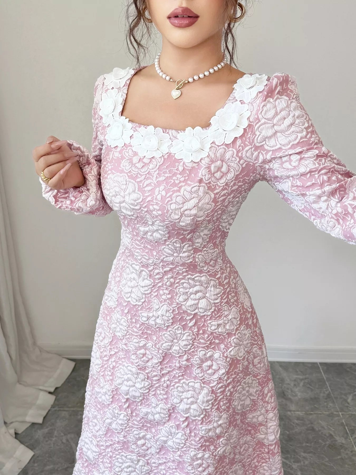 Floral Textured Square Neck Midi Dress - MAD RUFFI