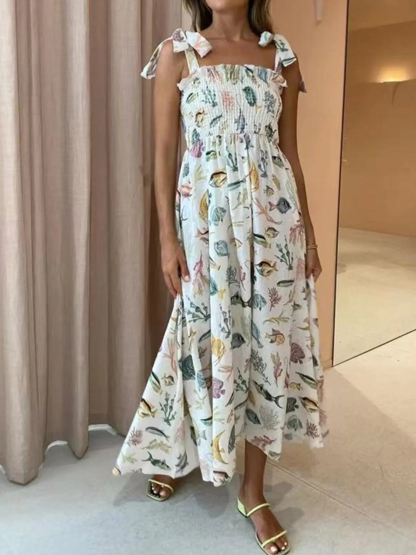 Floral Tie Shoulder Smocked Bodice Summer Dress - MAD RUFFI