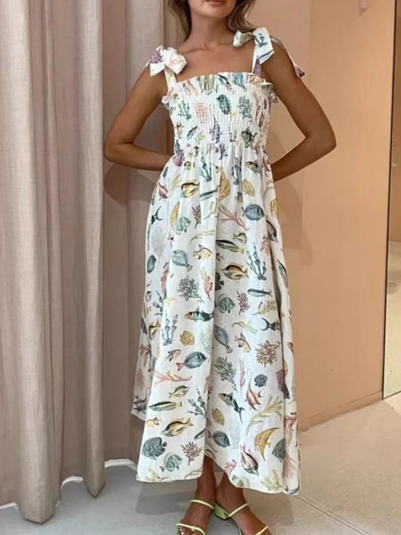 Floral Tie Shoulder Smocked Bodice Summer Dress - MAD RUFFI