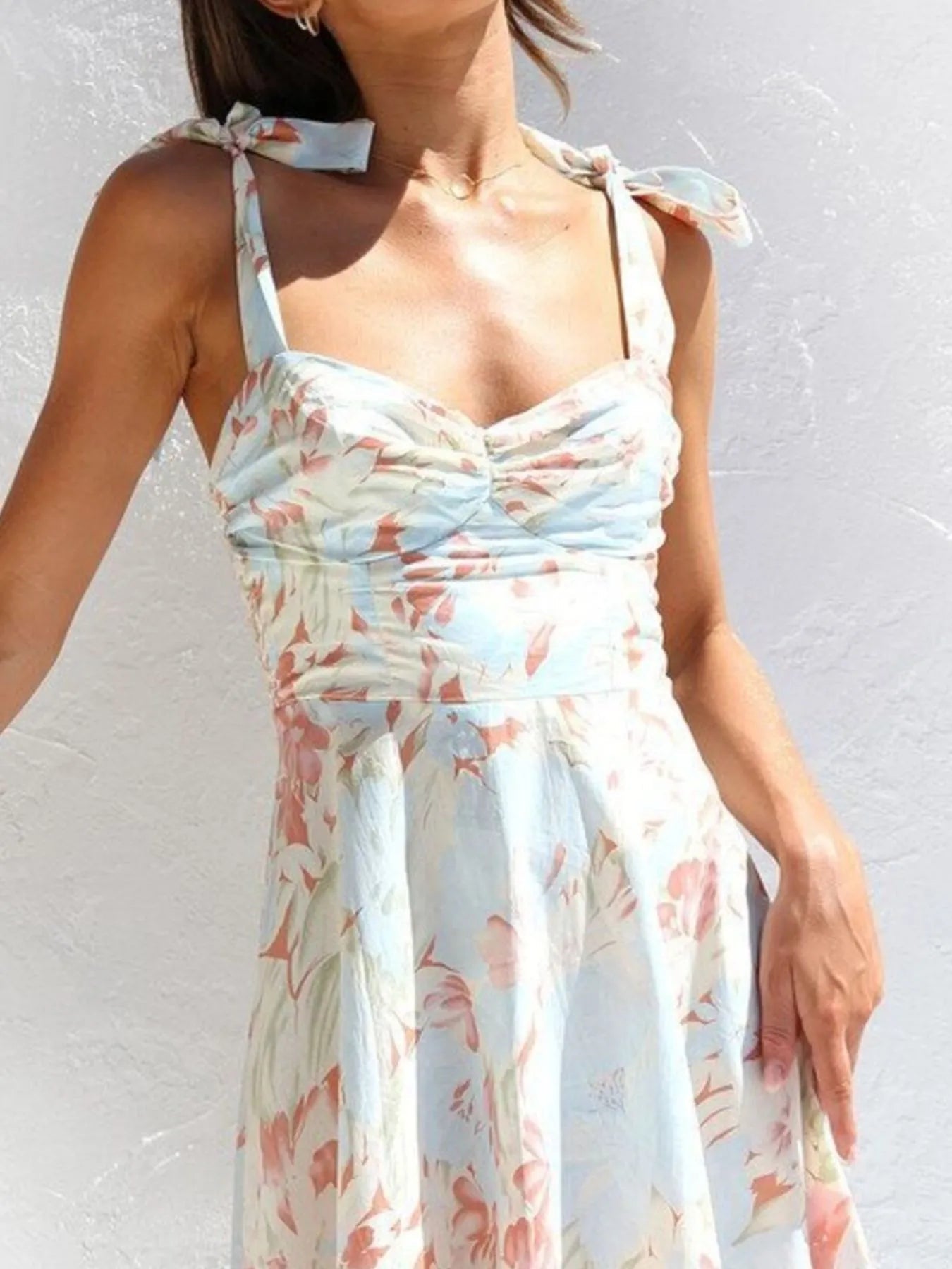 Floral Tie - Strap Sweetheart Neck Midi Dress - MAD RUFFI