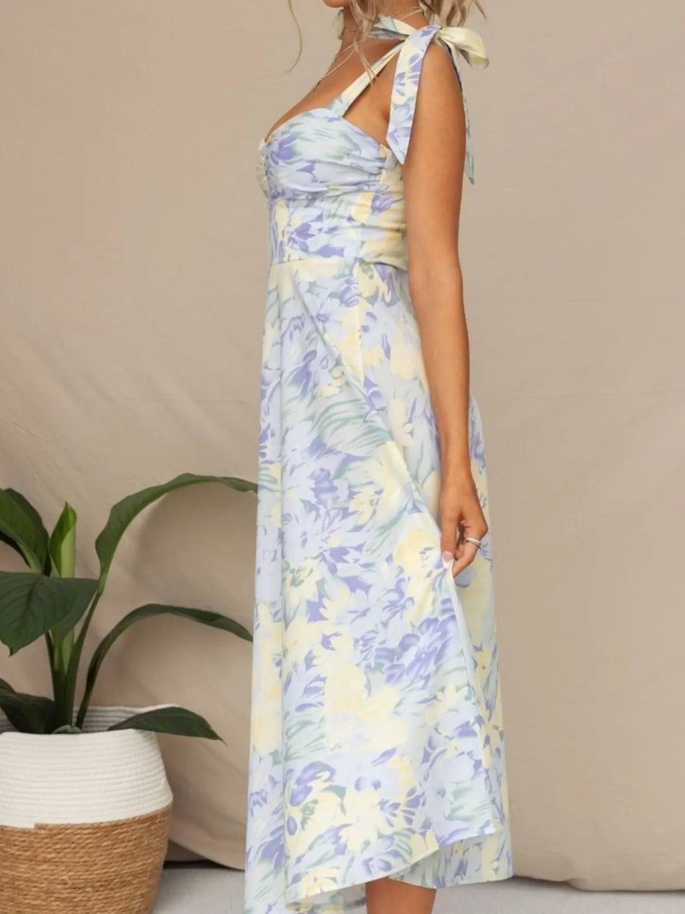 Floral Tie - Strap Sweetheart Neck Midi Dress - MAD RUFFI