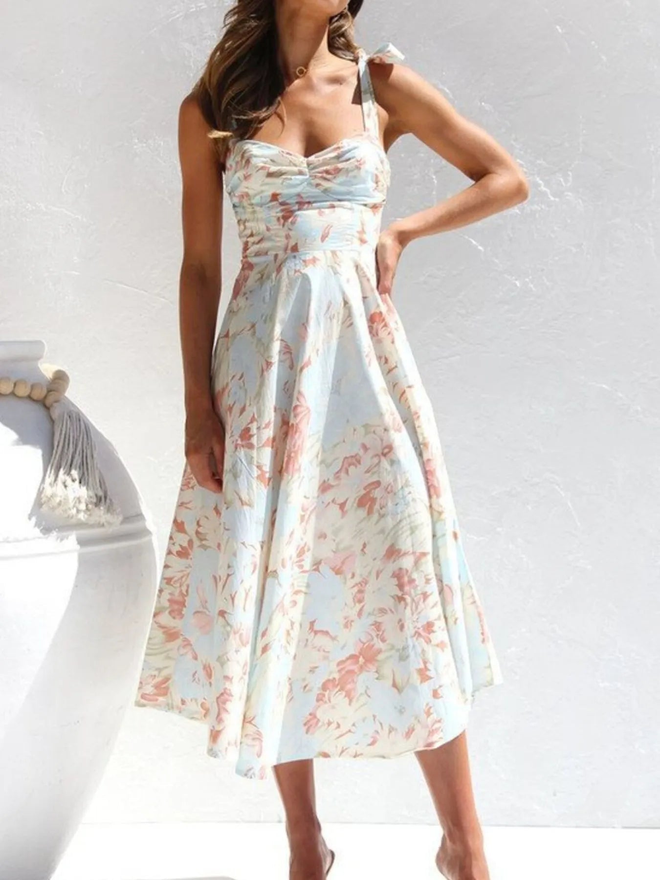 Floral Tie - Strap Sweetheart Neck Midi Dress - MAD RUFFI