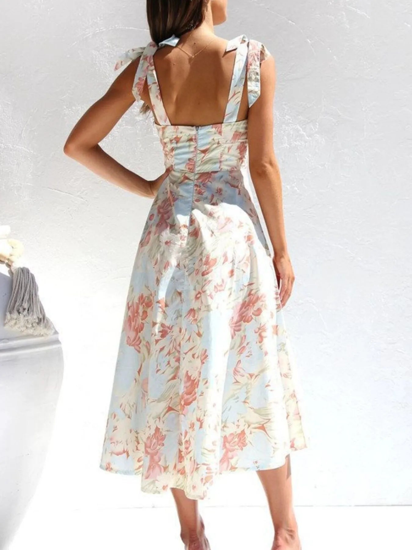 Floral Tie - Strap Sweetheart Neck Midi Dress - MAD RUFFI