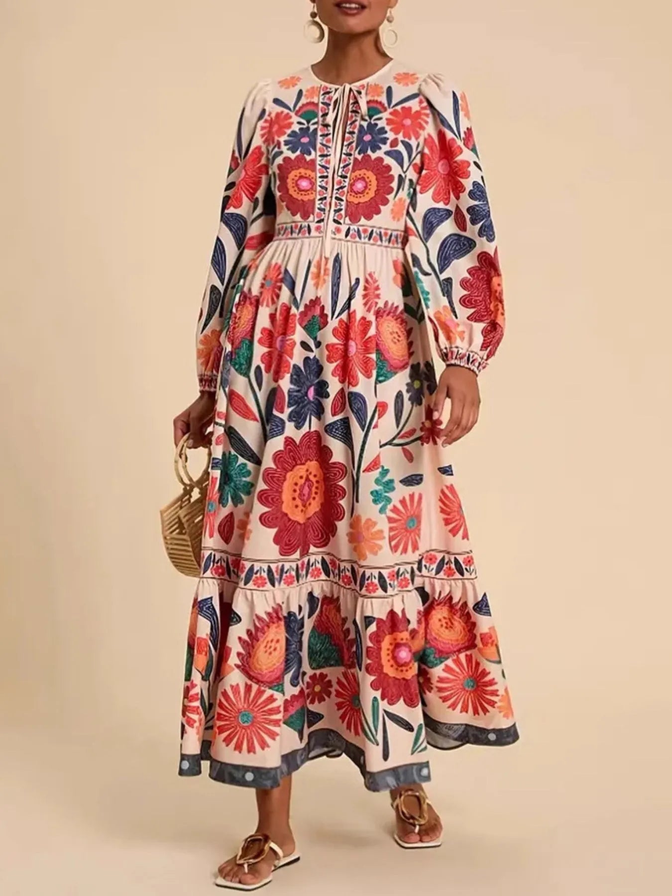 Floral Tie Waist Long Sleeve Dress - MAD RUFFI