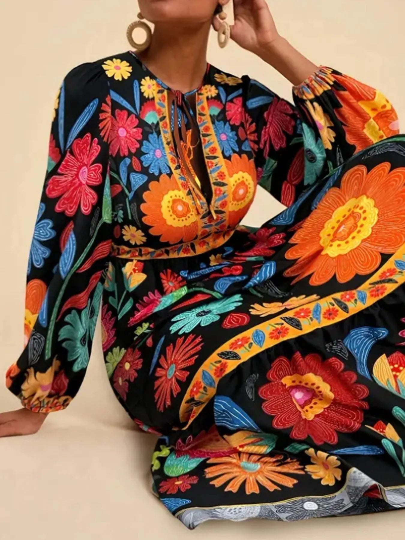 Floral Tie Waist Long Sleeve Dress - MAD RUFFI