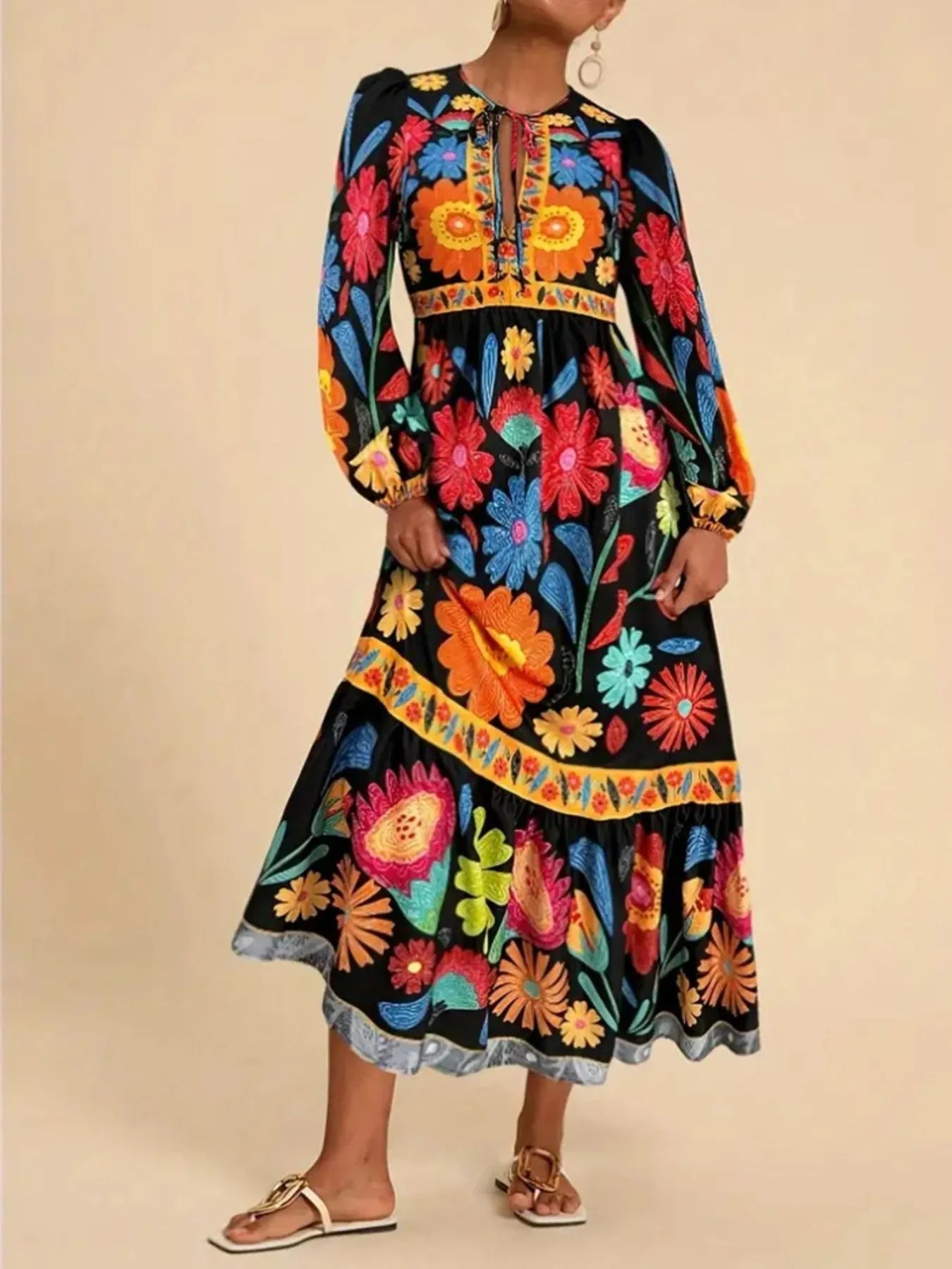 Floral Tie Waist Long Sleeve Dress - MAD RUFFI