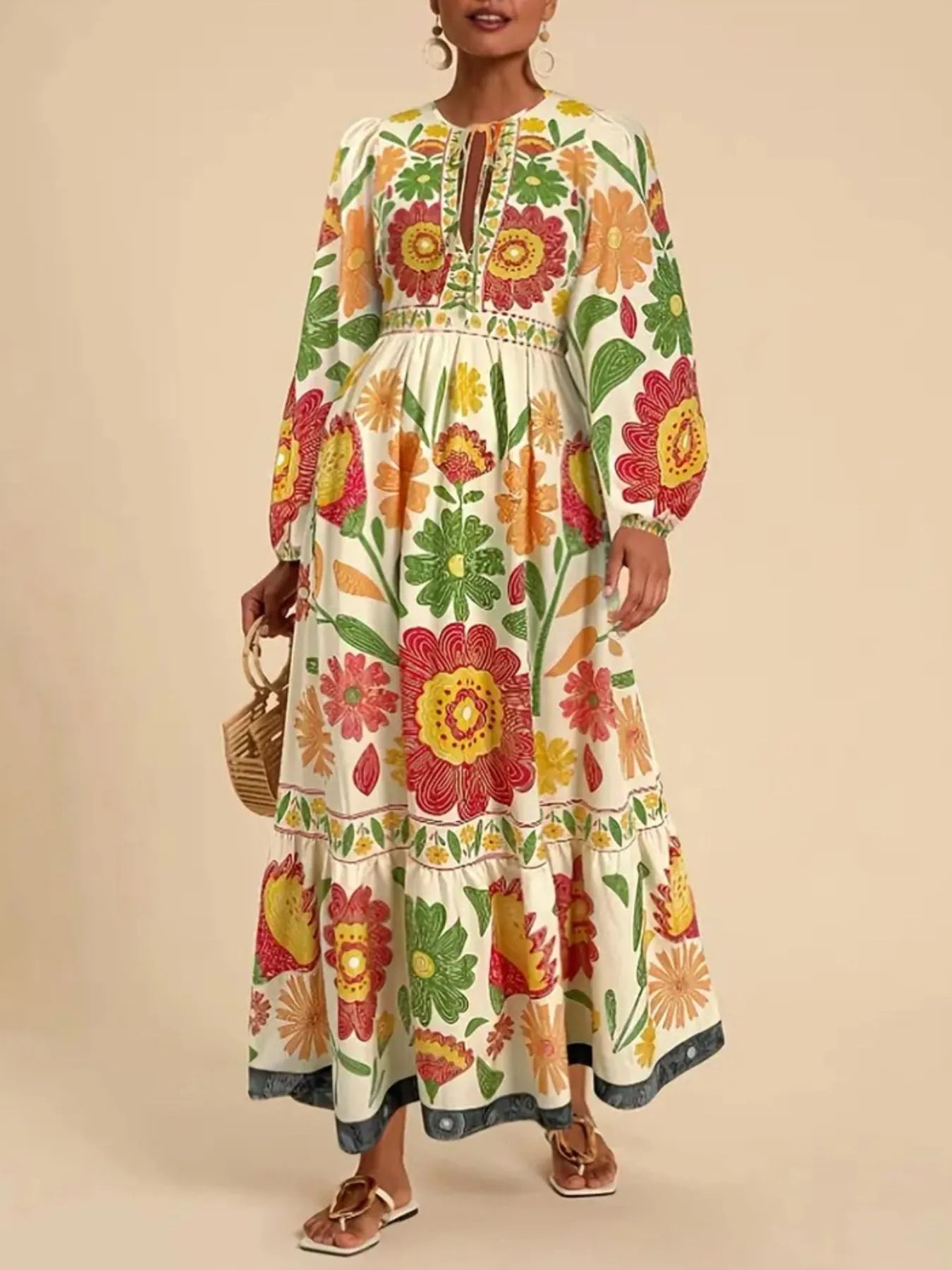 Floral Tie Waist Long Sleeve Dress - MAD RUFFI