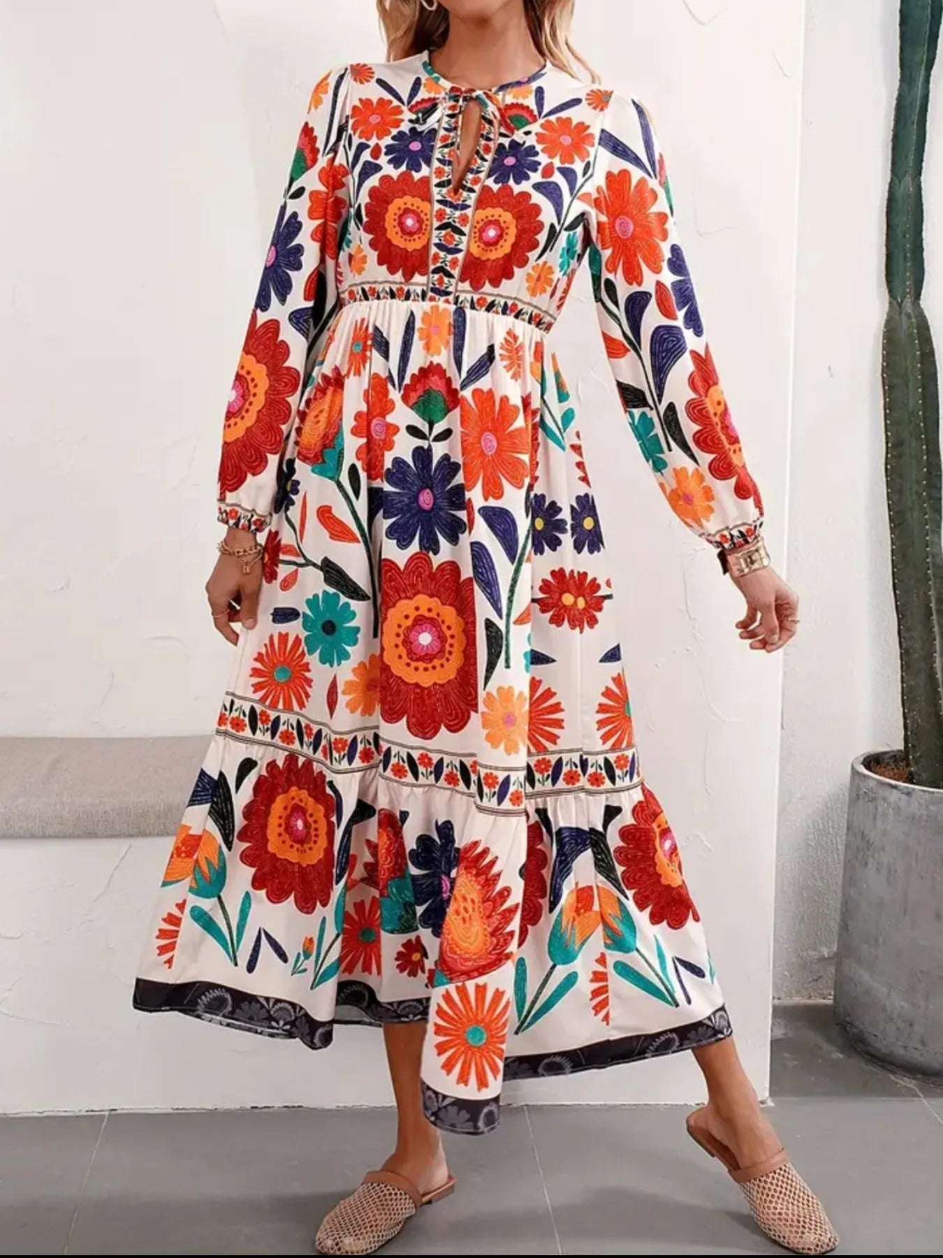 Floral Tie Waist Long Sleeve Dress - MAD RUFFI