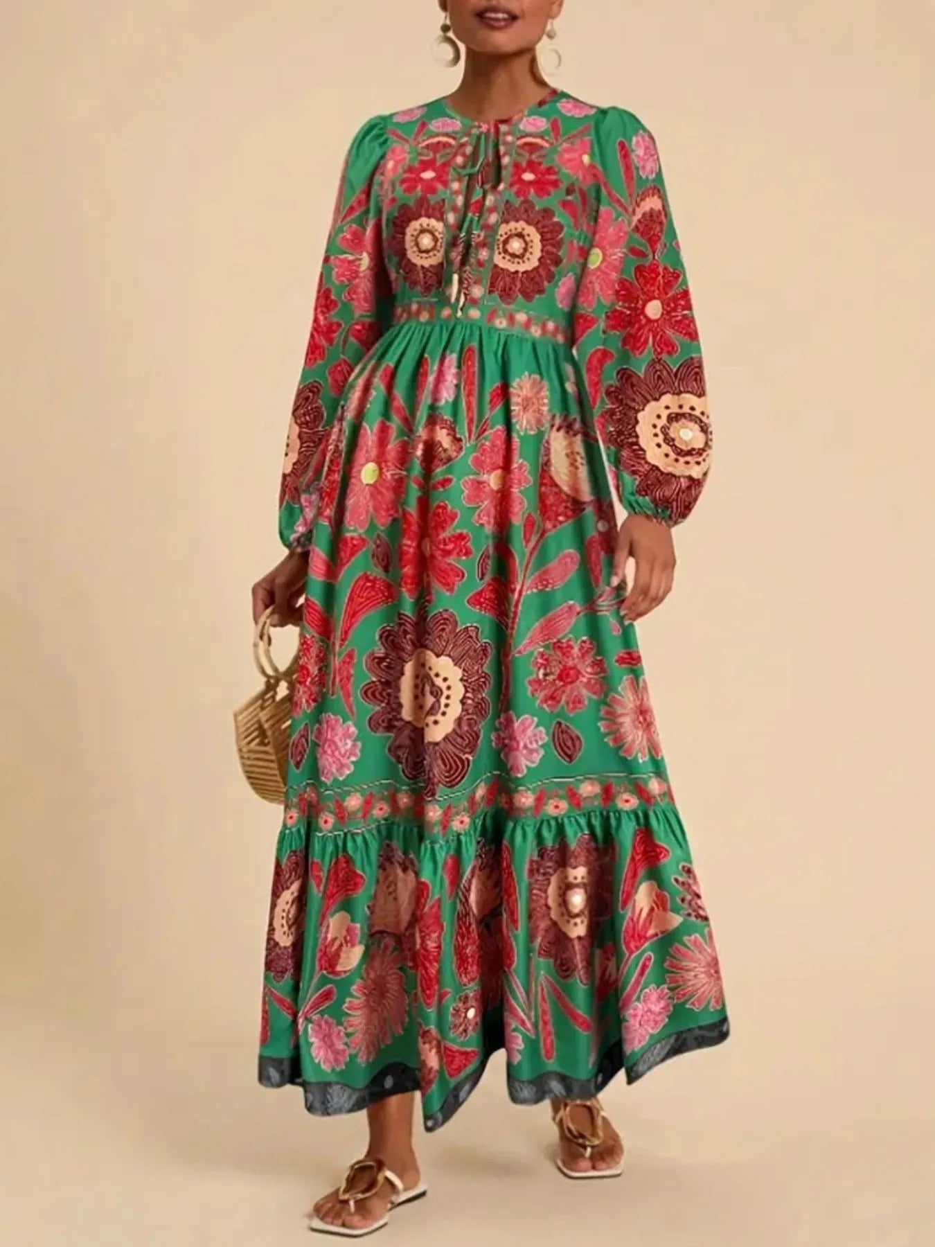 Floral Tie Waist Long Sleeve Dress - MAD RUFFI