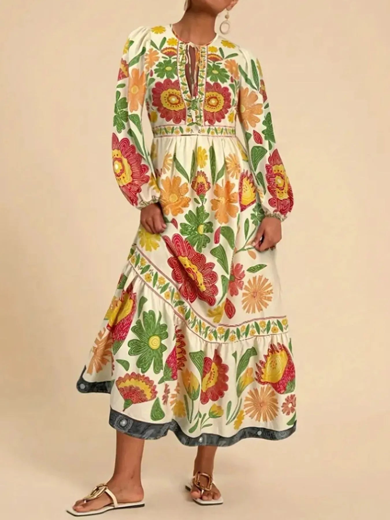 Floral Tie Waist Long Sleeve Dress - MAD RUFFI