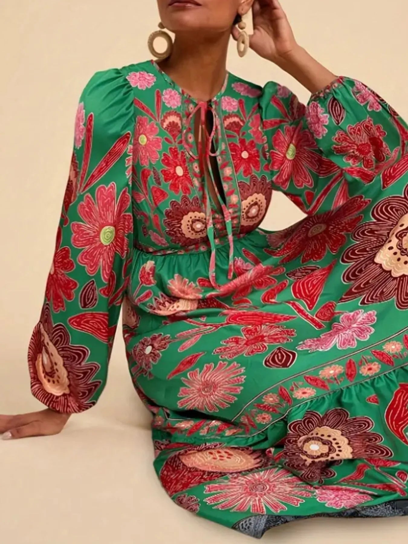 Floral Tie Waist Long Sleeve Dress - MAD RUFFI