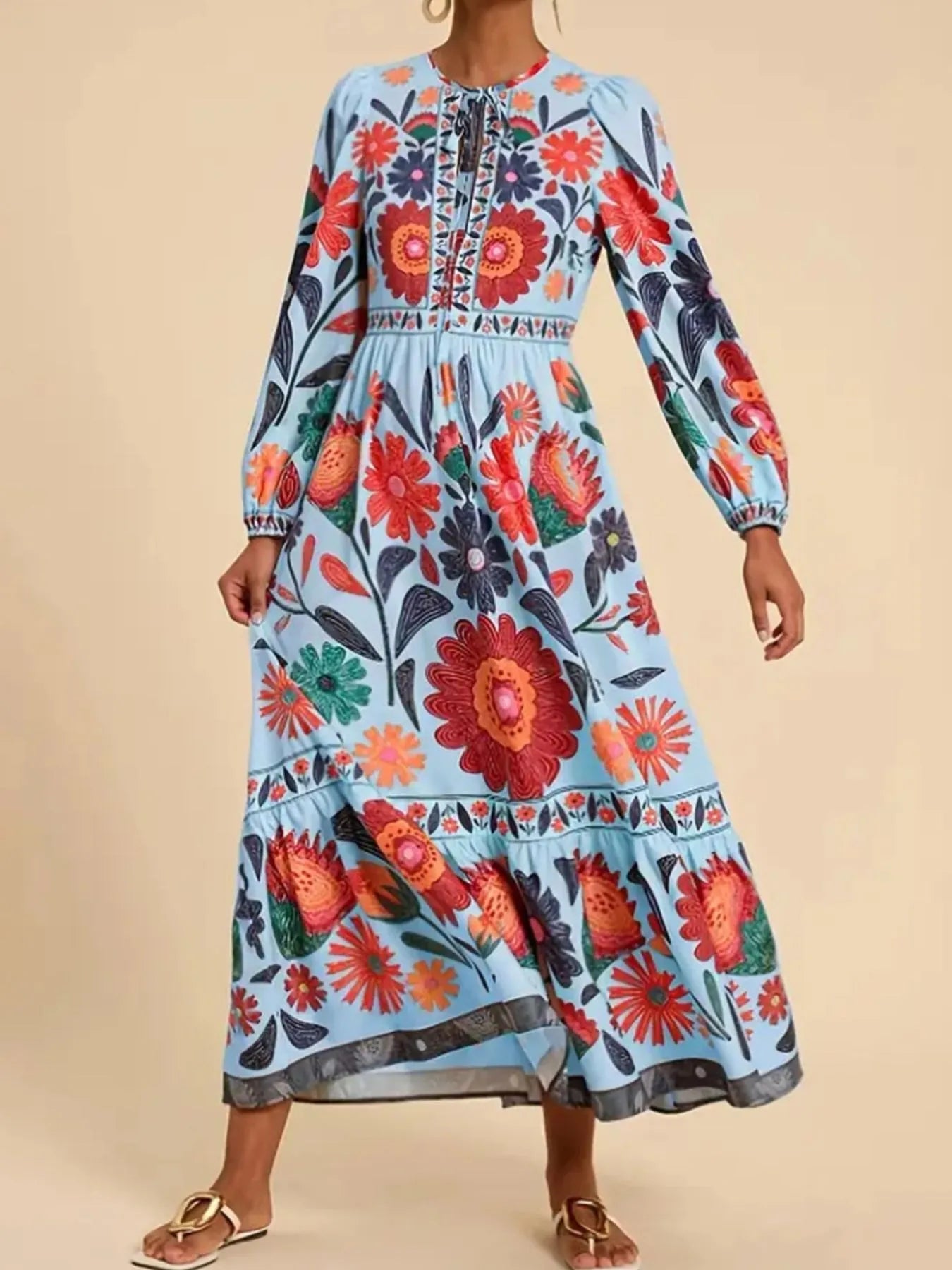 Floral Tie Waist Long Sleeve Dress - MAD RUFFI