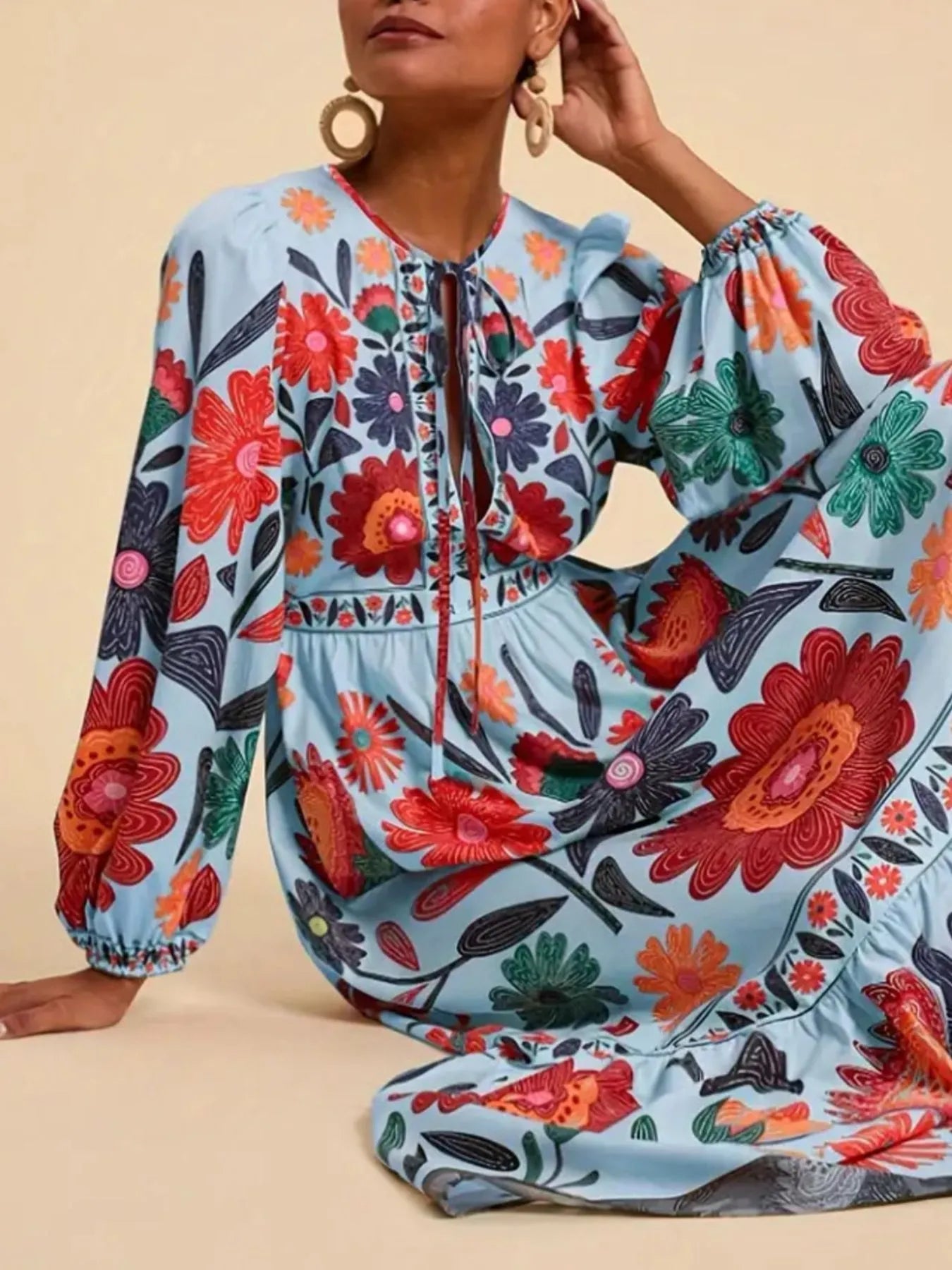 Floral Tie Waist Long Sleeve Dress - MAD RUFFI