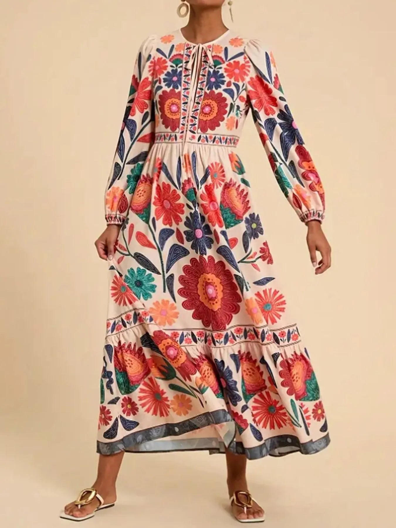 Floral Tie Waist Long Sleeve Dress - MAD RUFFI