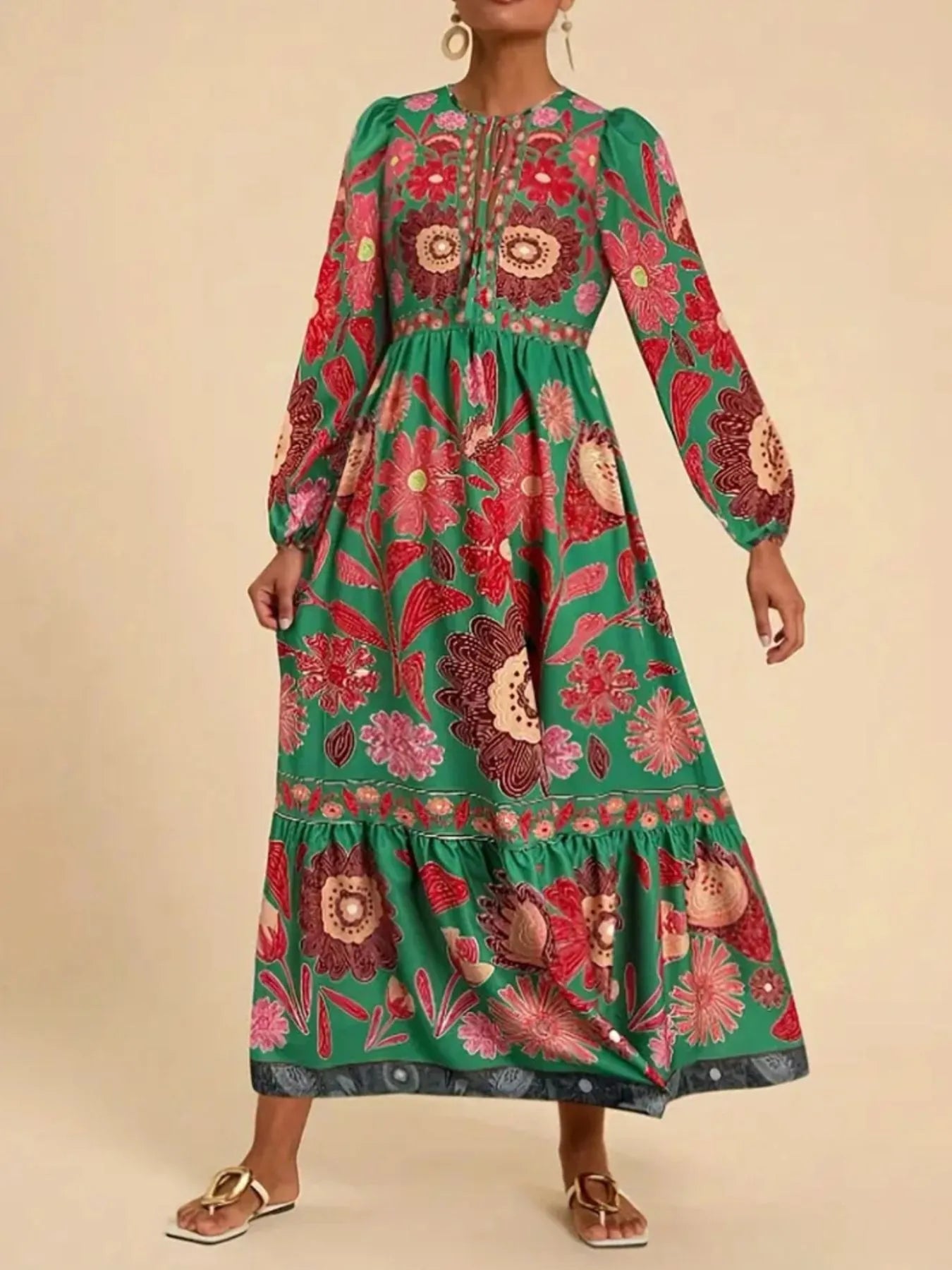 Floral Tie Waist Long Sleeve Dress - MAD RUFFI