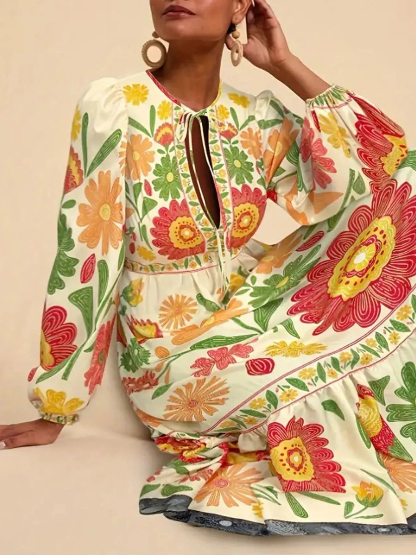 Floral Tie Waist Long Sleeve Dress - MAD RUFFI