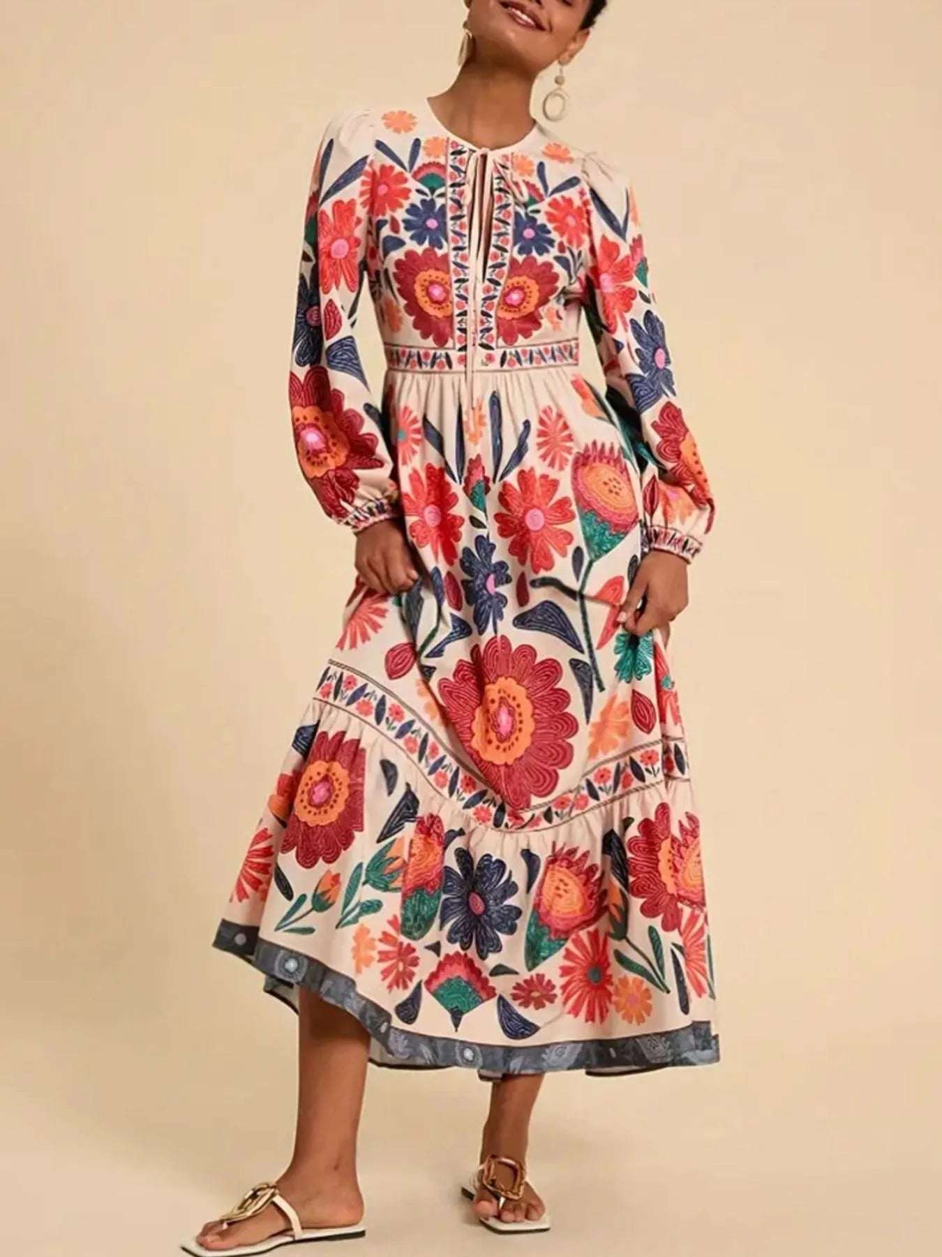 Floral Tie Waist Long Sleeve Dress - MAD RUFFI