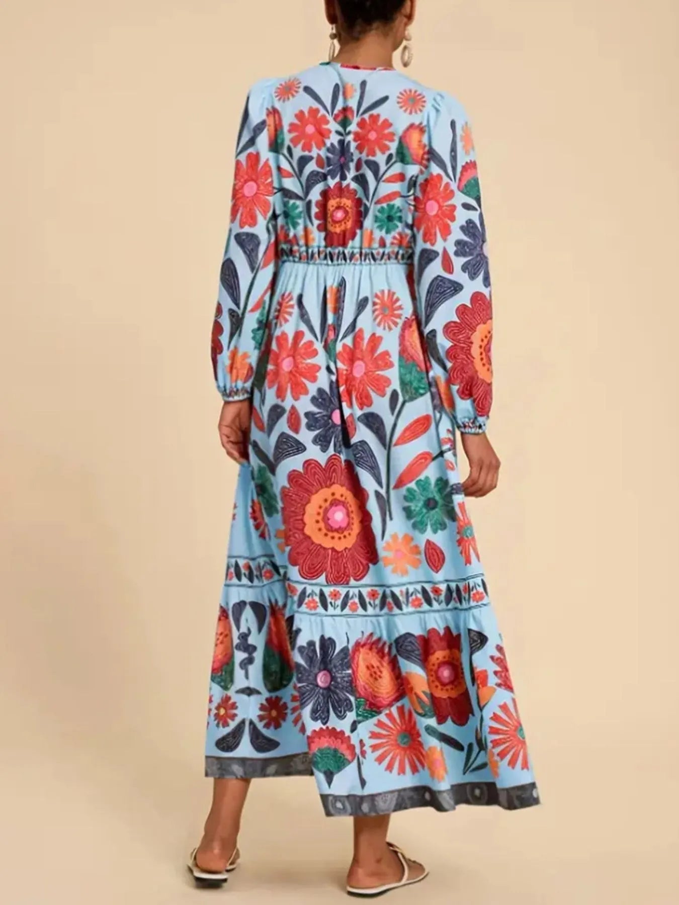 Floral Tie Waist Long Sleeve Dress - MAD RUFFI