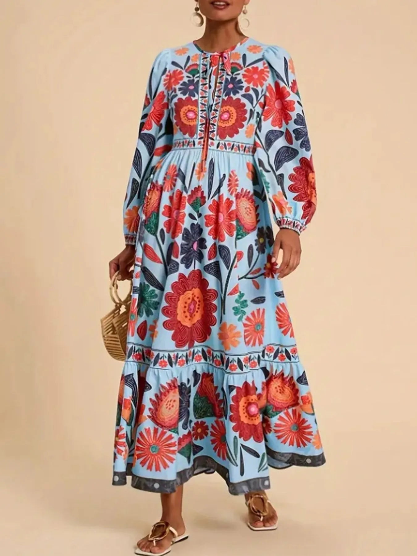 Floral Tie Waist Long Sleeve Dress - MAD RUFFI