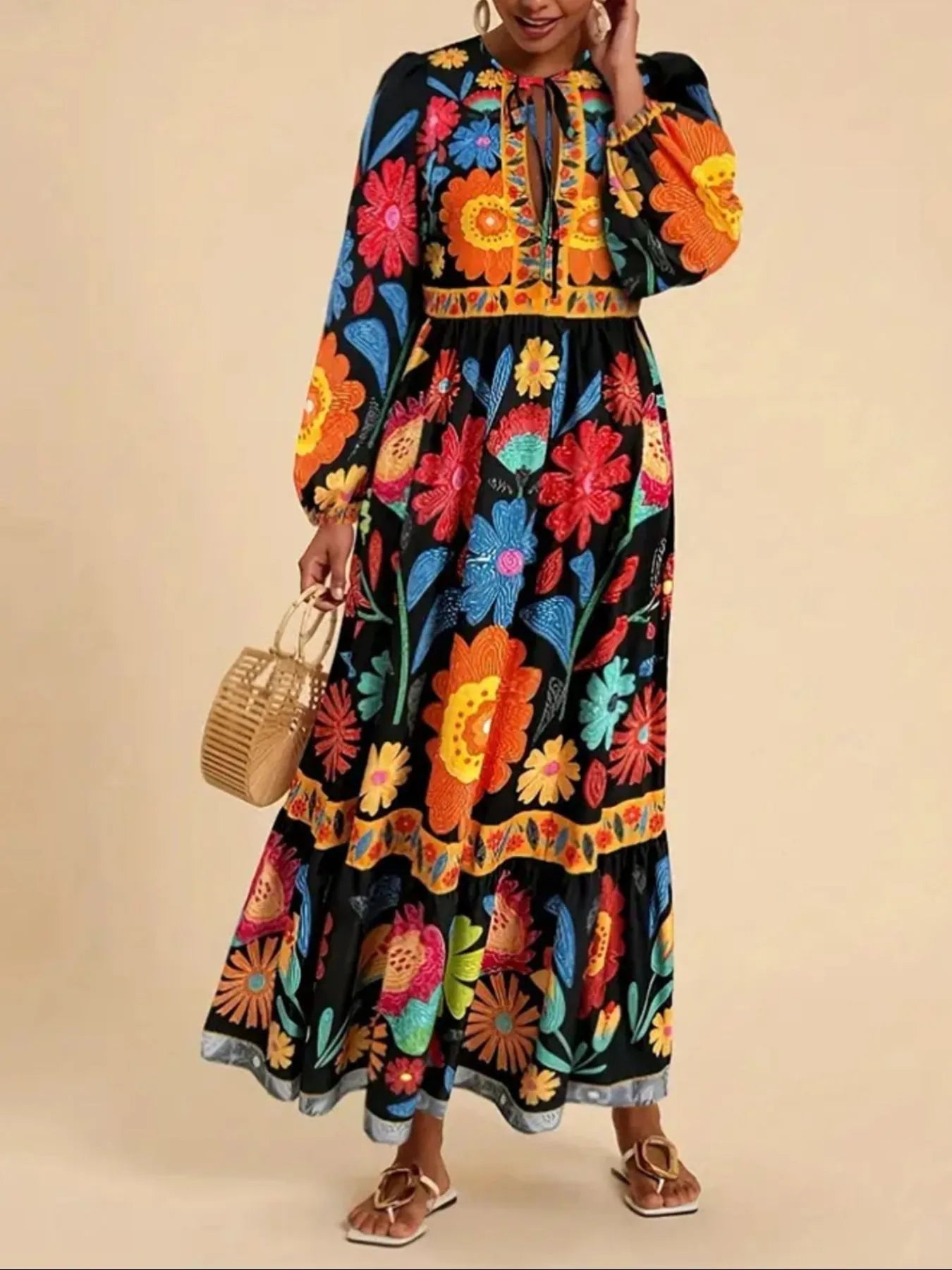 Floral Tie Waist Long Sleeve Dress - MAD RUFFI