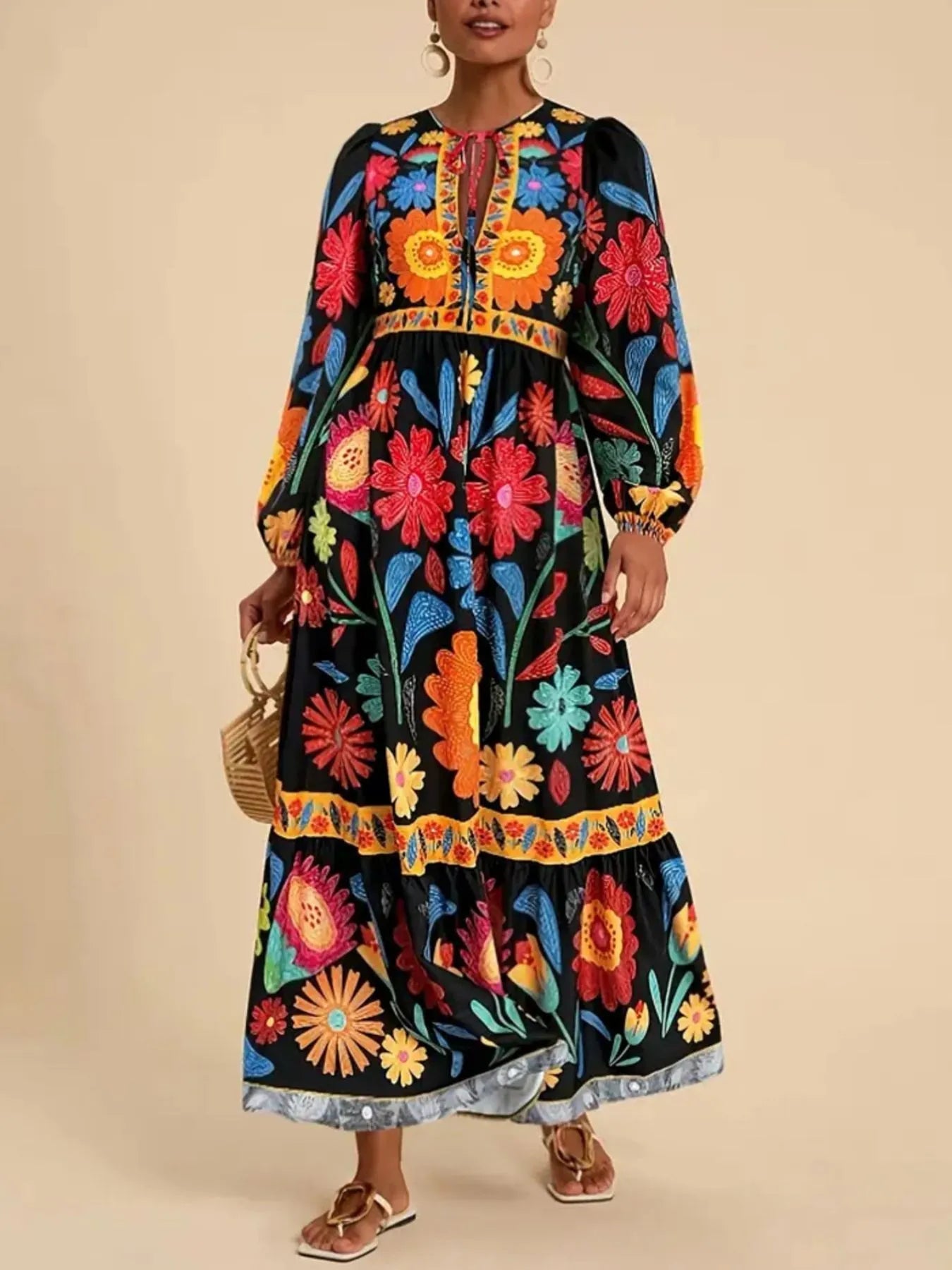 Floral Tie Waist Long Sleeve Dress - MAD RUFFI