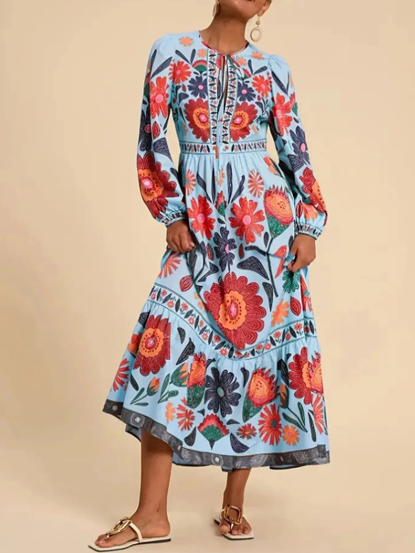 Floral Tie Waist Long Sleeve Dress - MAD RUFFI