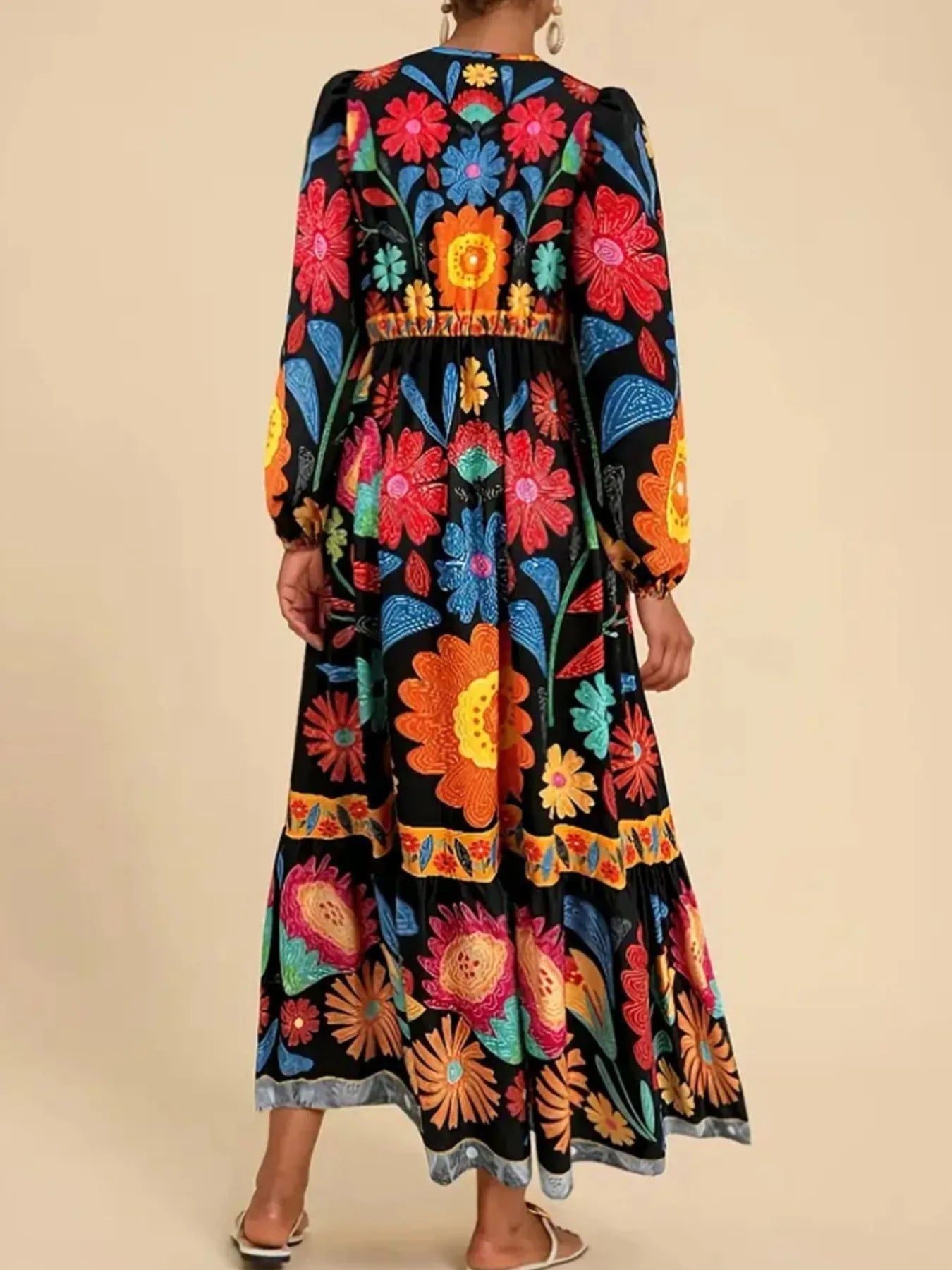 Floral Tie Waist Long Sleeve Dress - MAD RUFFI