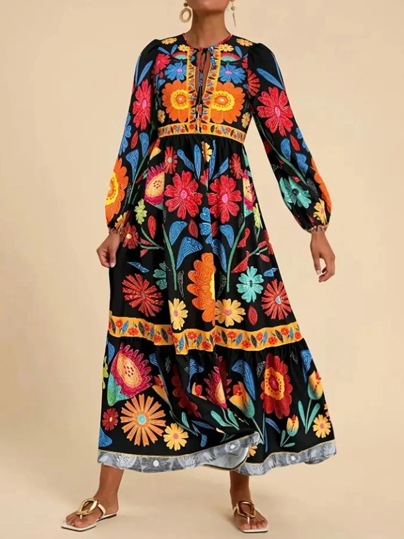 Floral Tie Waist Long Sleeve Dress - MAD RUFFI