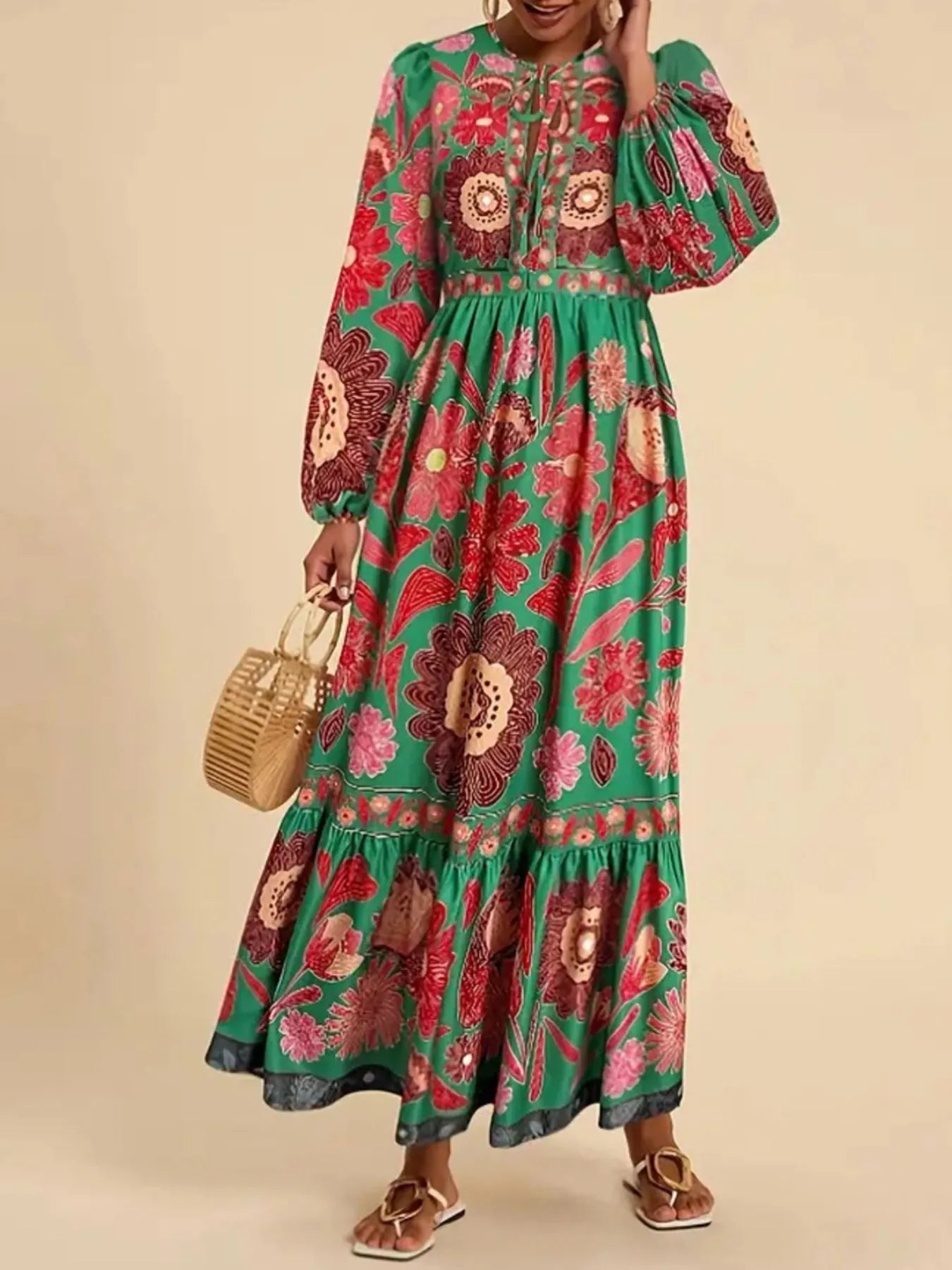 Floral Tie Waist Long Sleeve Dress - MAD RUFFI